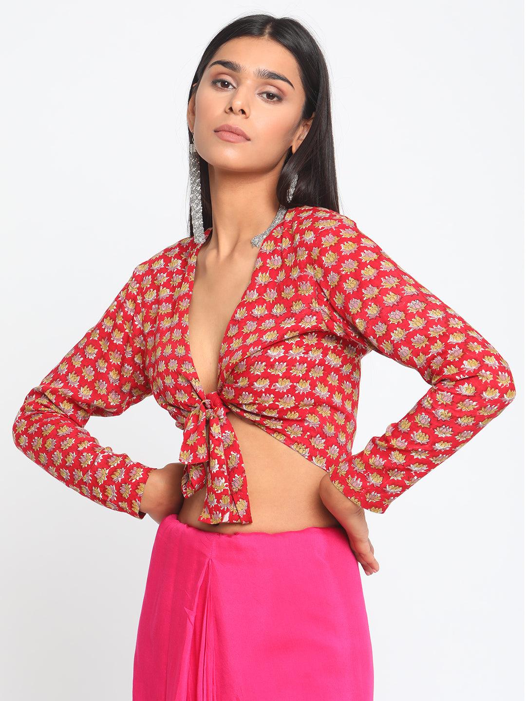 Red Hand Block Printed Tie Up Silk Blouse - trueBrowns