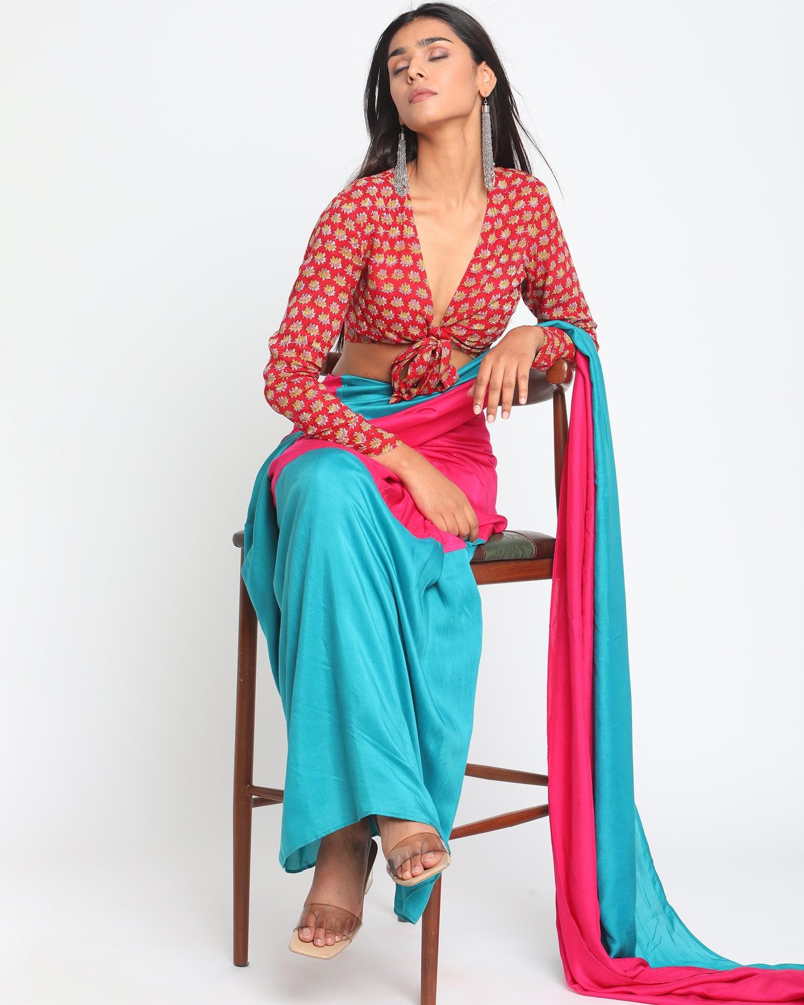 Red Hand Block Printed Tie Up Silk Blouse - trueBrowns