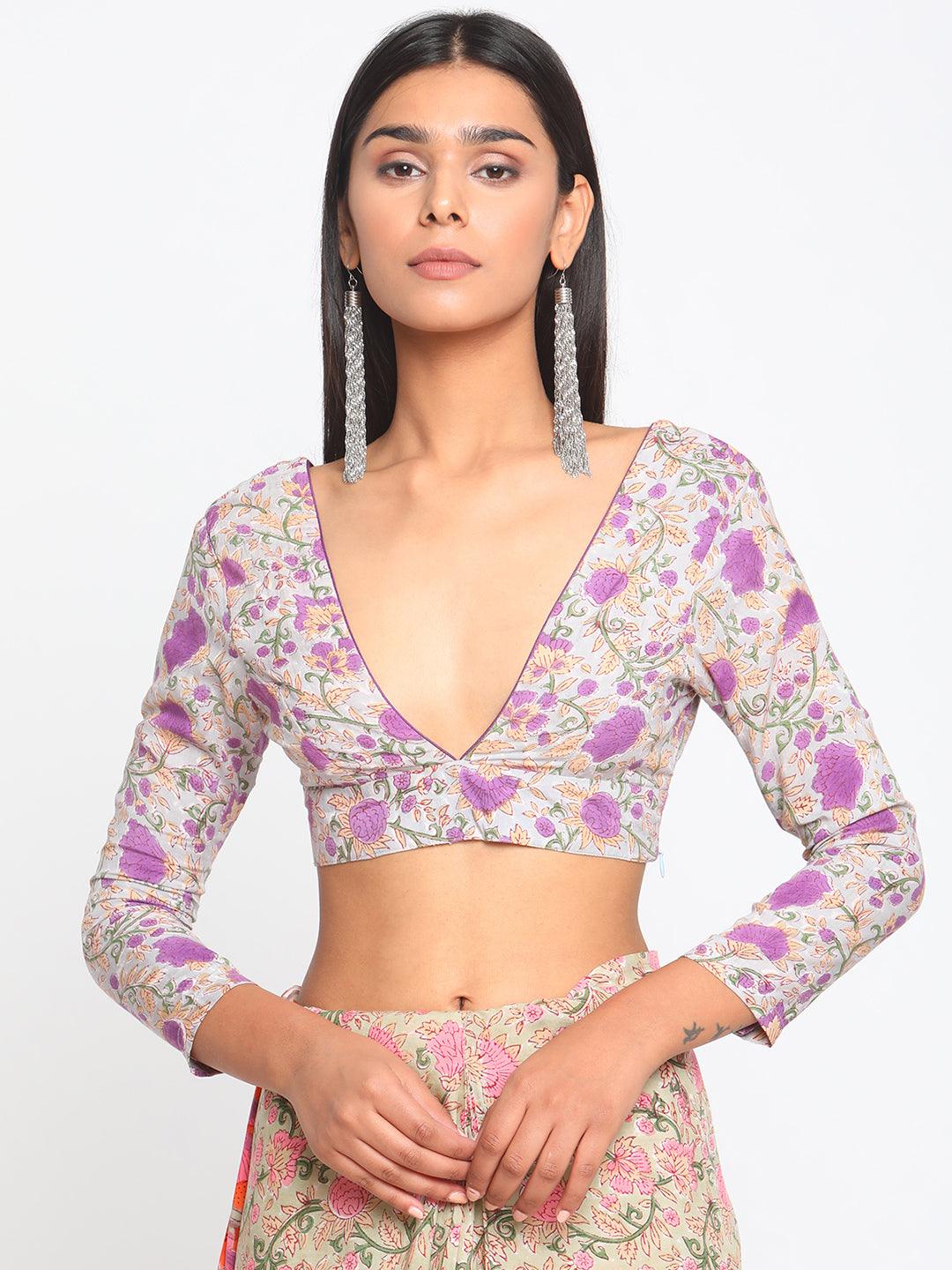 Purple Hand Block Printed Silk Blouse - trueBrowns