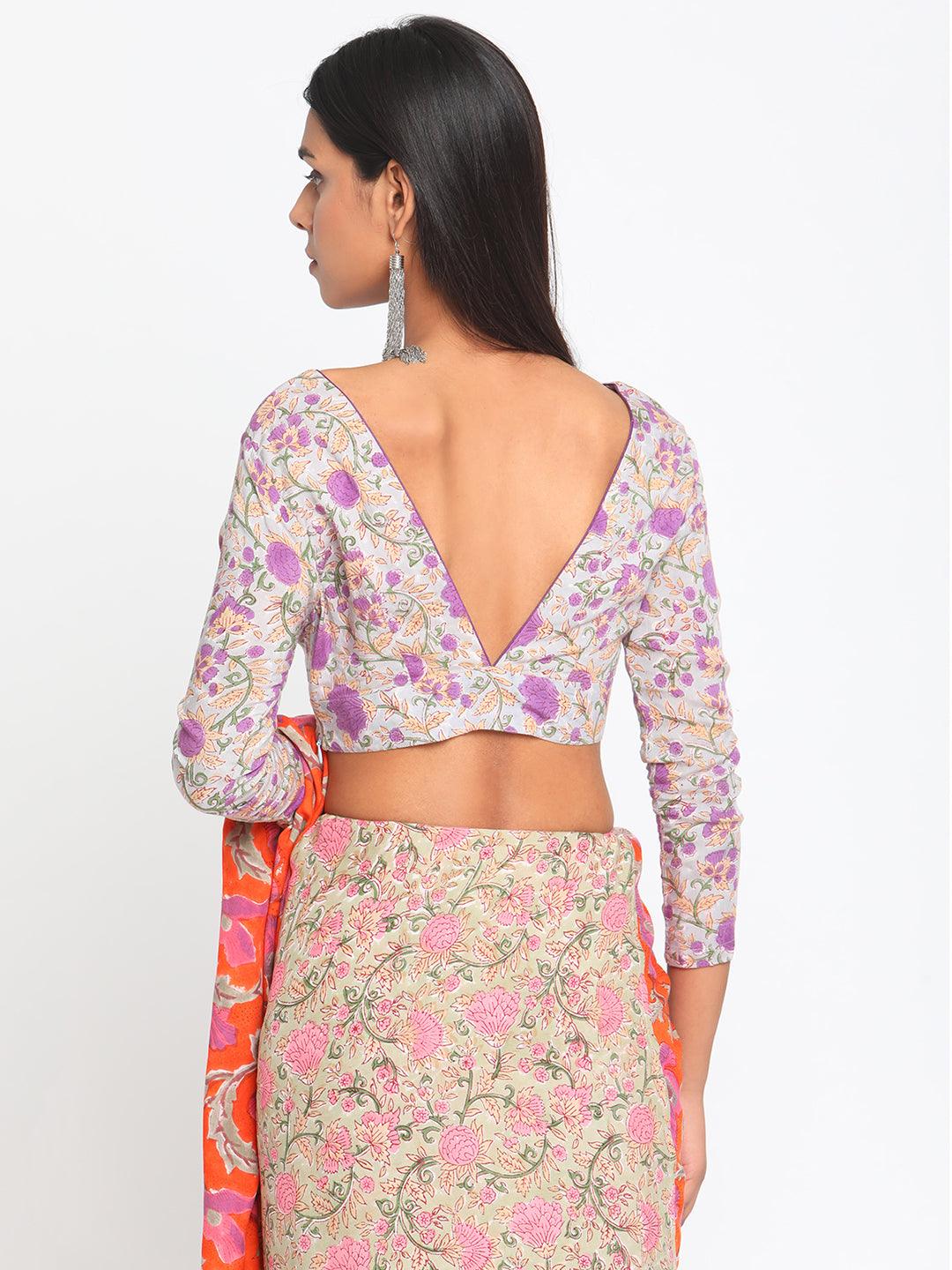 Purple Hand Block Printed Silk Blouse - trueBrowns