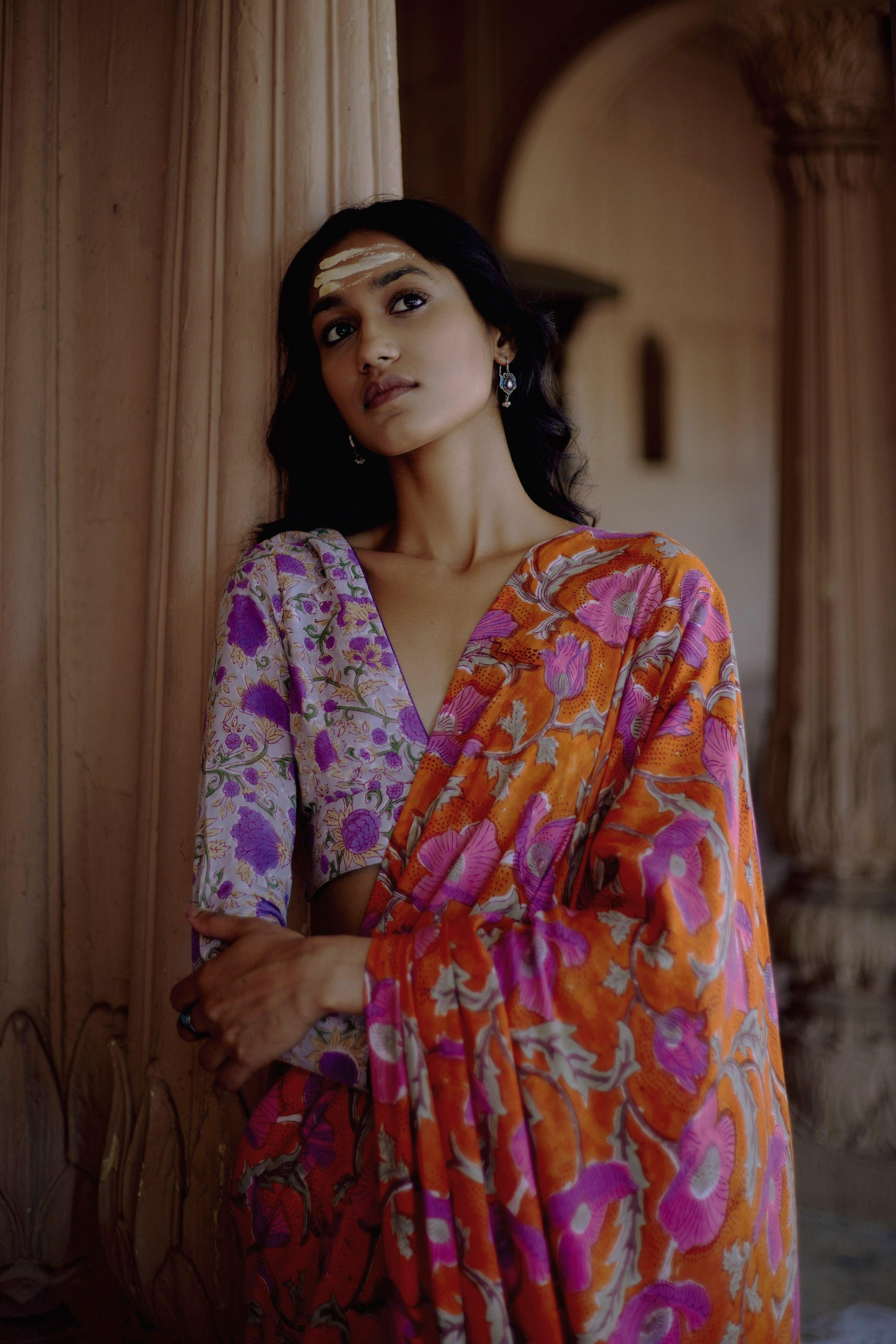 Purple Hand Block Printed Silk Blouse - trueBrowns