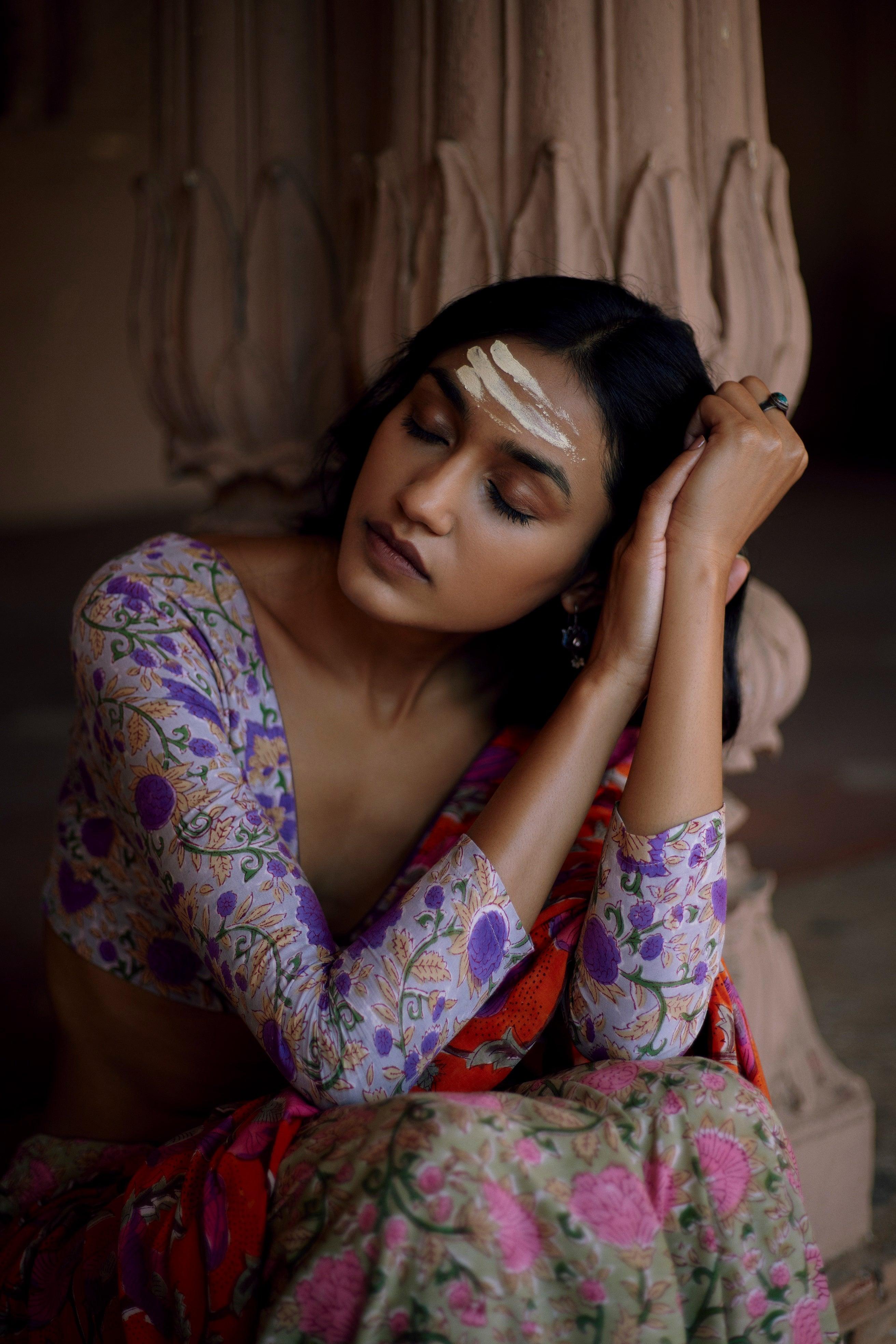 Purple Hand Block Printed Silk Blouse - trueBrowns