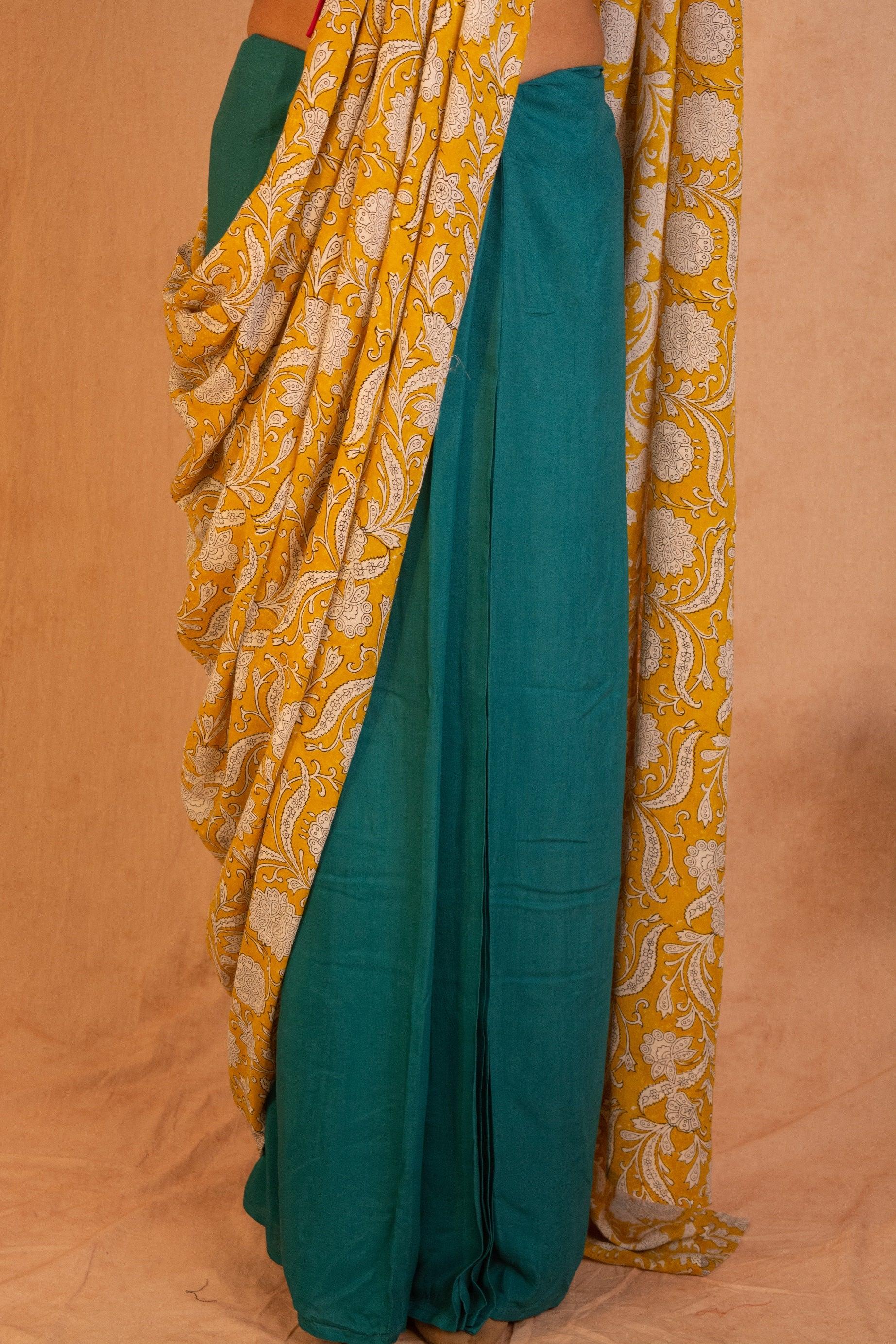 Aqua Yellow Hand Block Printed Ready Pleated Silk Saree - trueBrowns