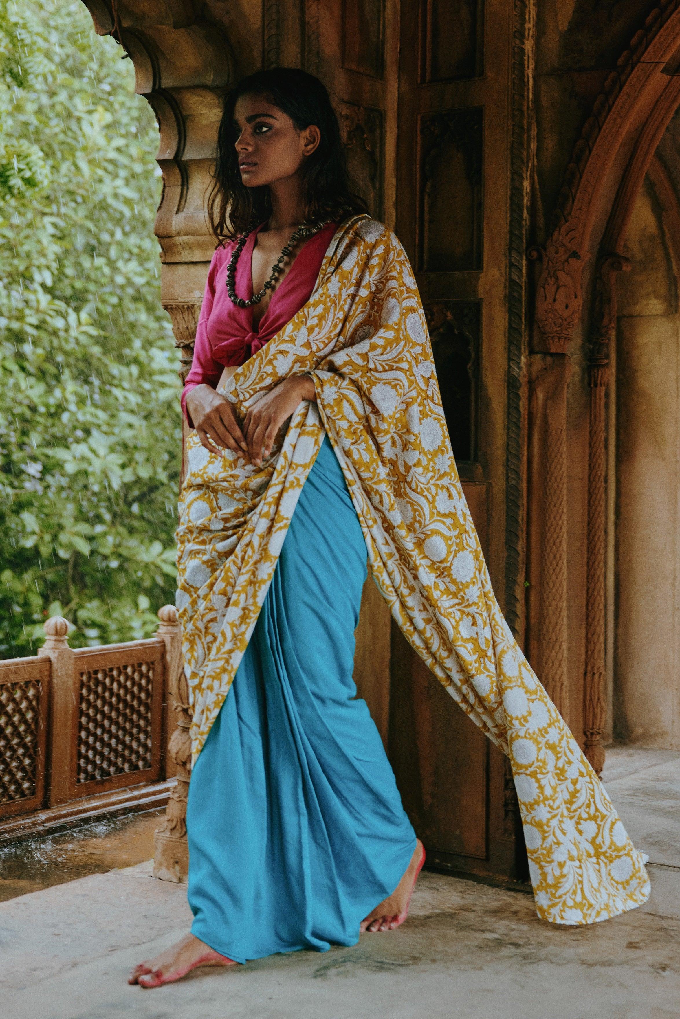 Aqua Yellow Hand Block Printed Ready Pleated Silk Saree - trueBrowns