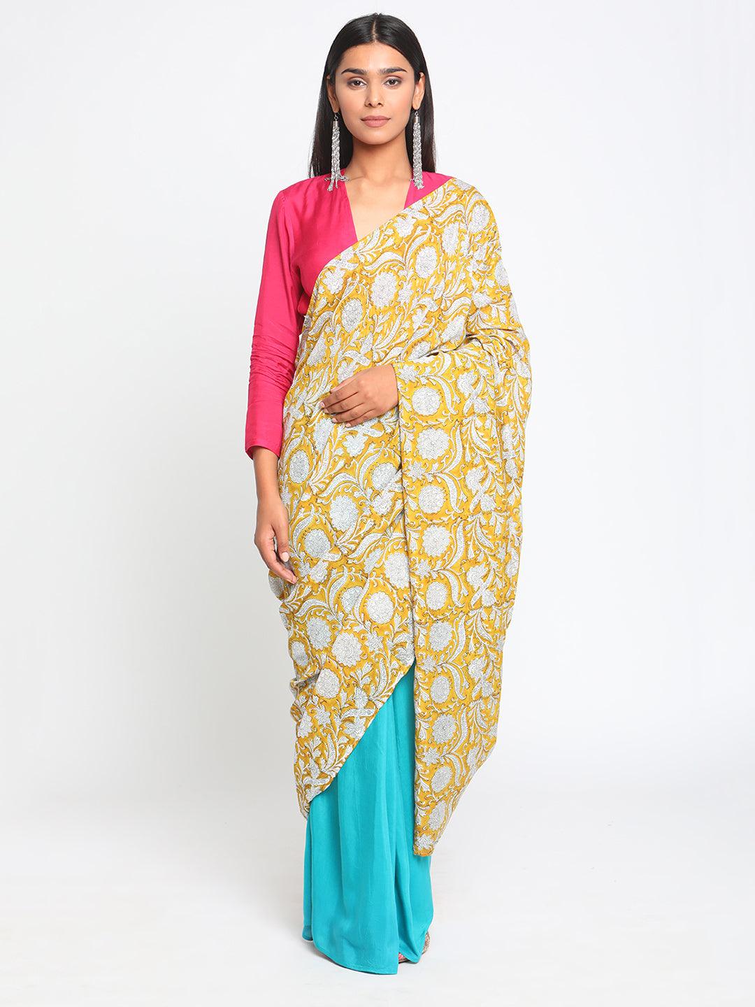 Aqua Yellow Hand Block Printed Ready Pleated Silk Saree - trueBrowns