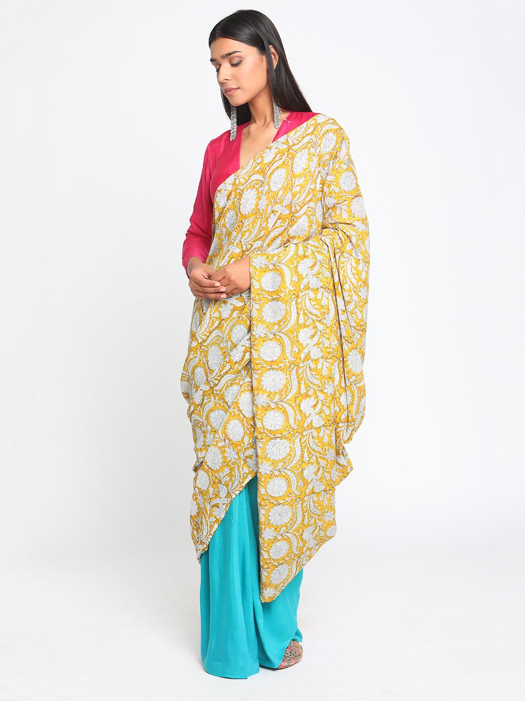 Aqua Yellow Hand Block Printed Ready Pleated Silk Saree - trueBrowns