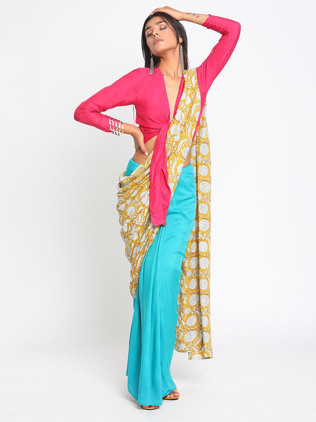 Aqua Yellow Hand Block Printed Ready Pleated Silk Saree - trueBrowns