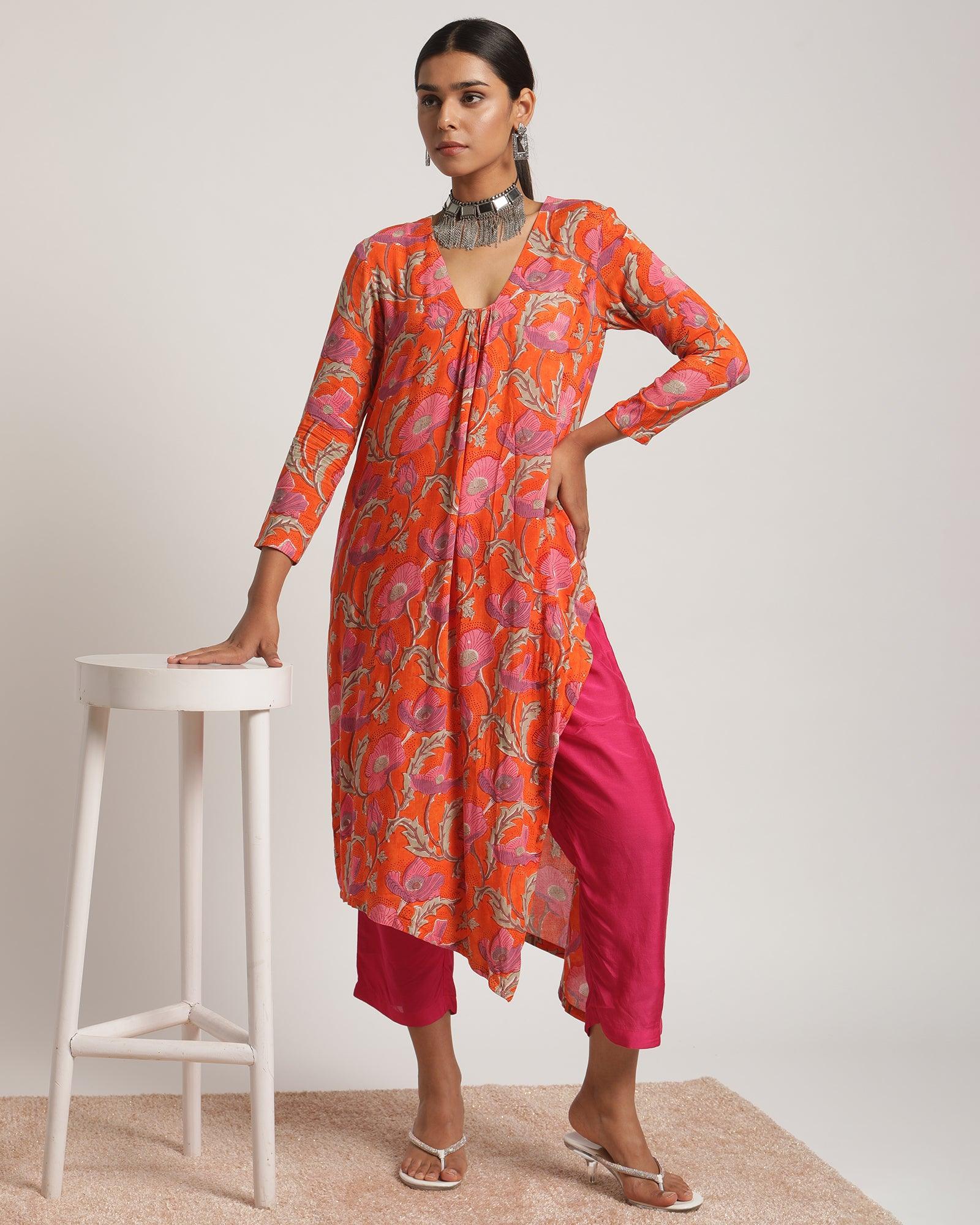 Orange Hand Block Printed Slit Silk Kurta Pant Set - trueBrowns