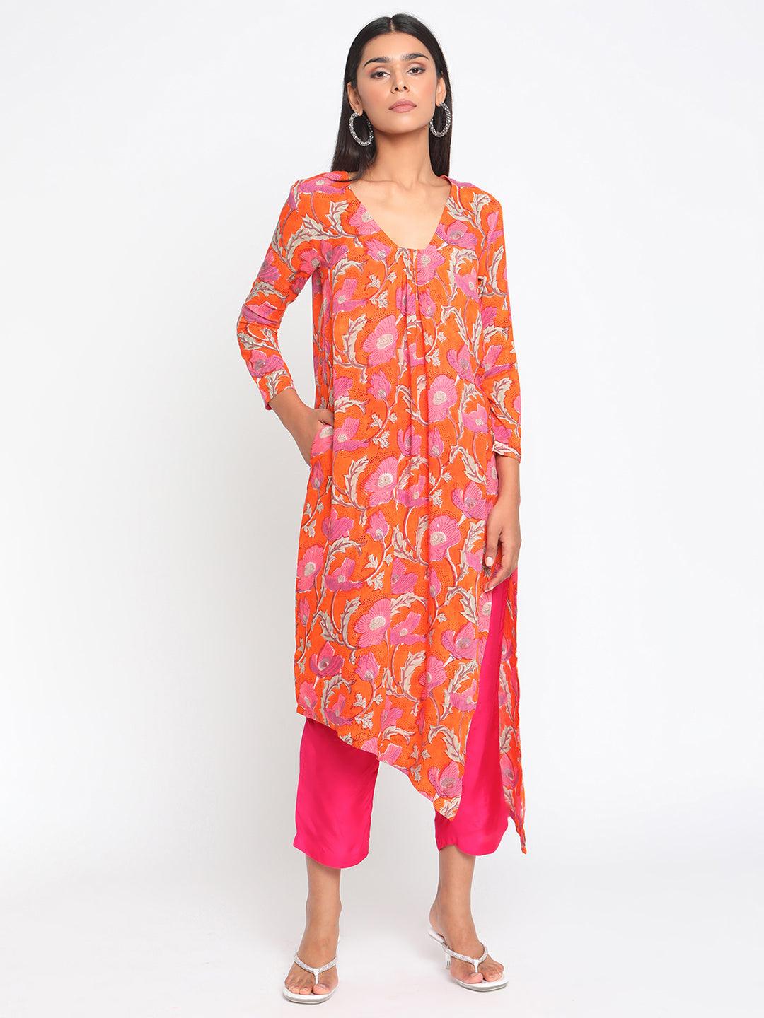 Orange Hand Block Printed Slit Silk Kurta Pant Set - trueBrowns
