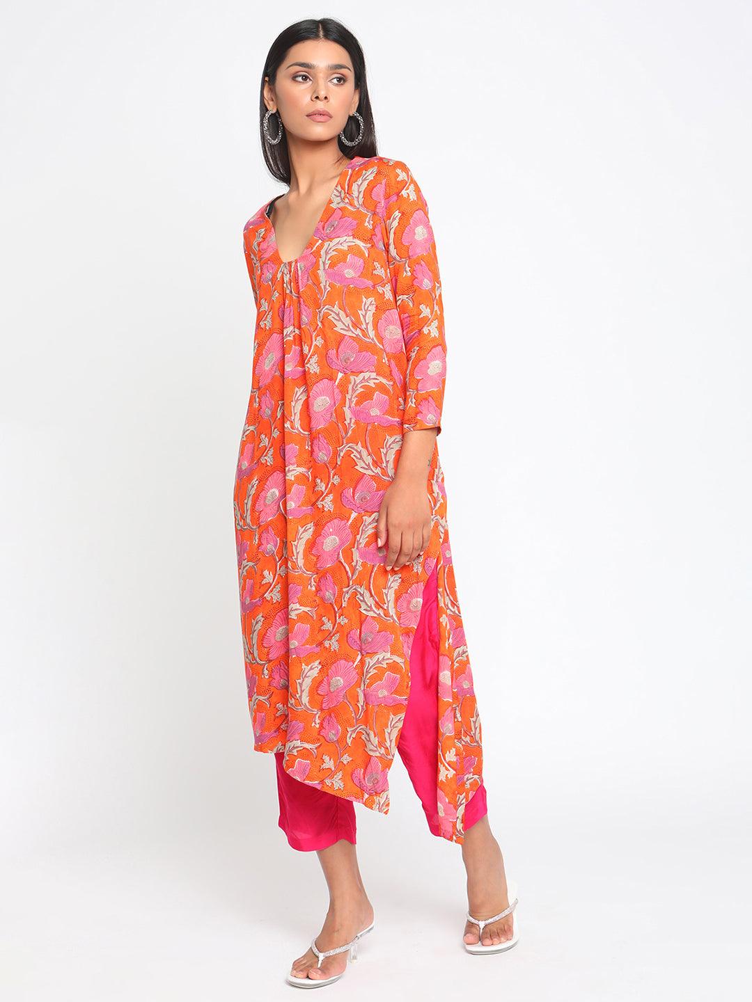 Orange Hand Block Printed Slit Silk Kurta Pant Set - trueBrowns