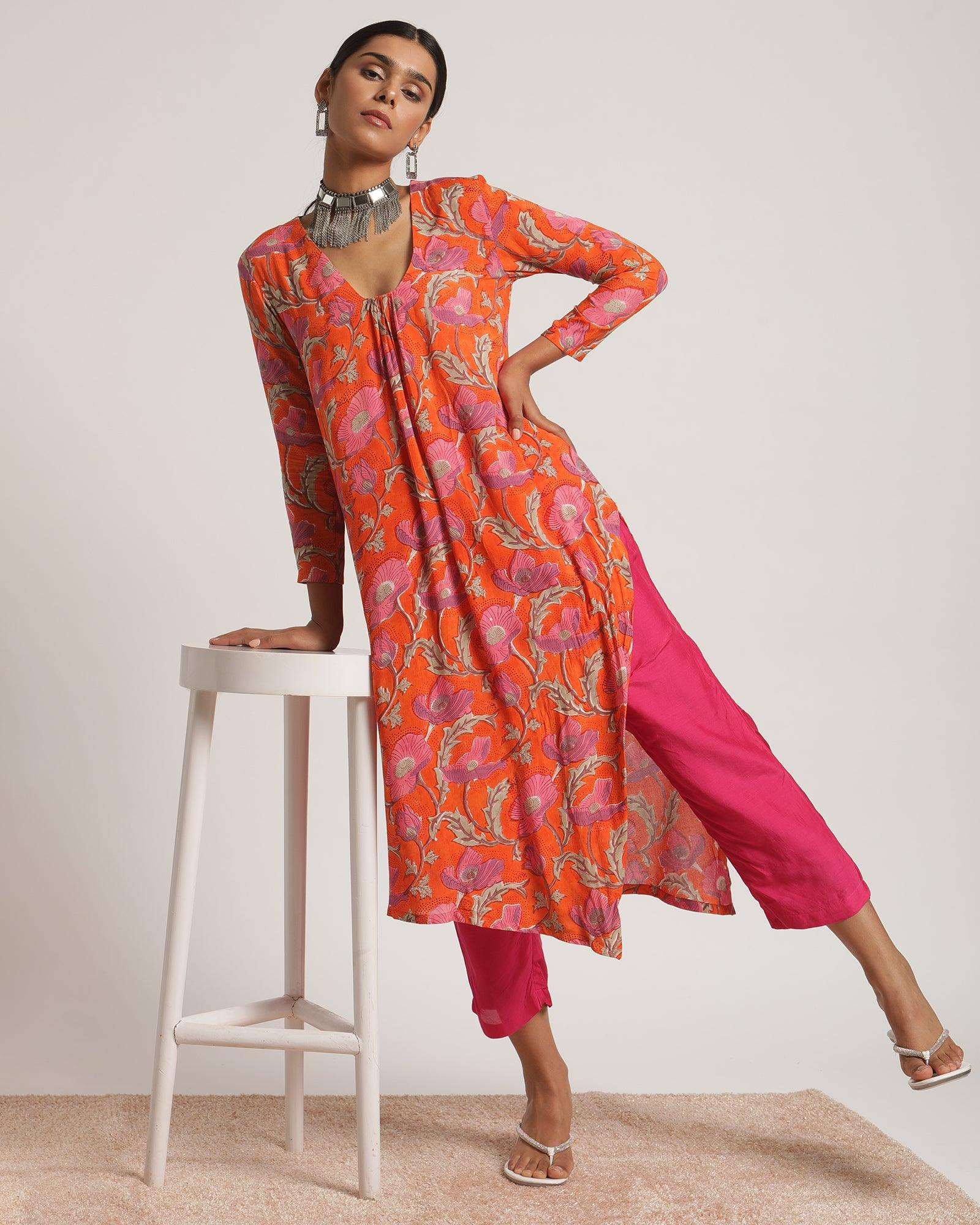 Orange Hand Block Printed Slit Silk Kurta Pant Set - trueBrowns