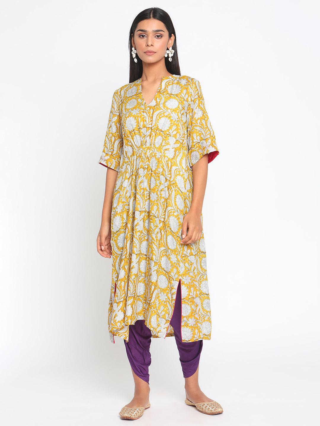 Yellow Hand Block Printed Flared Silk Kurta Dhoti Pant Set - trueBrowns