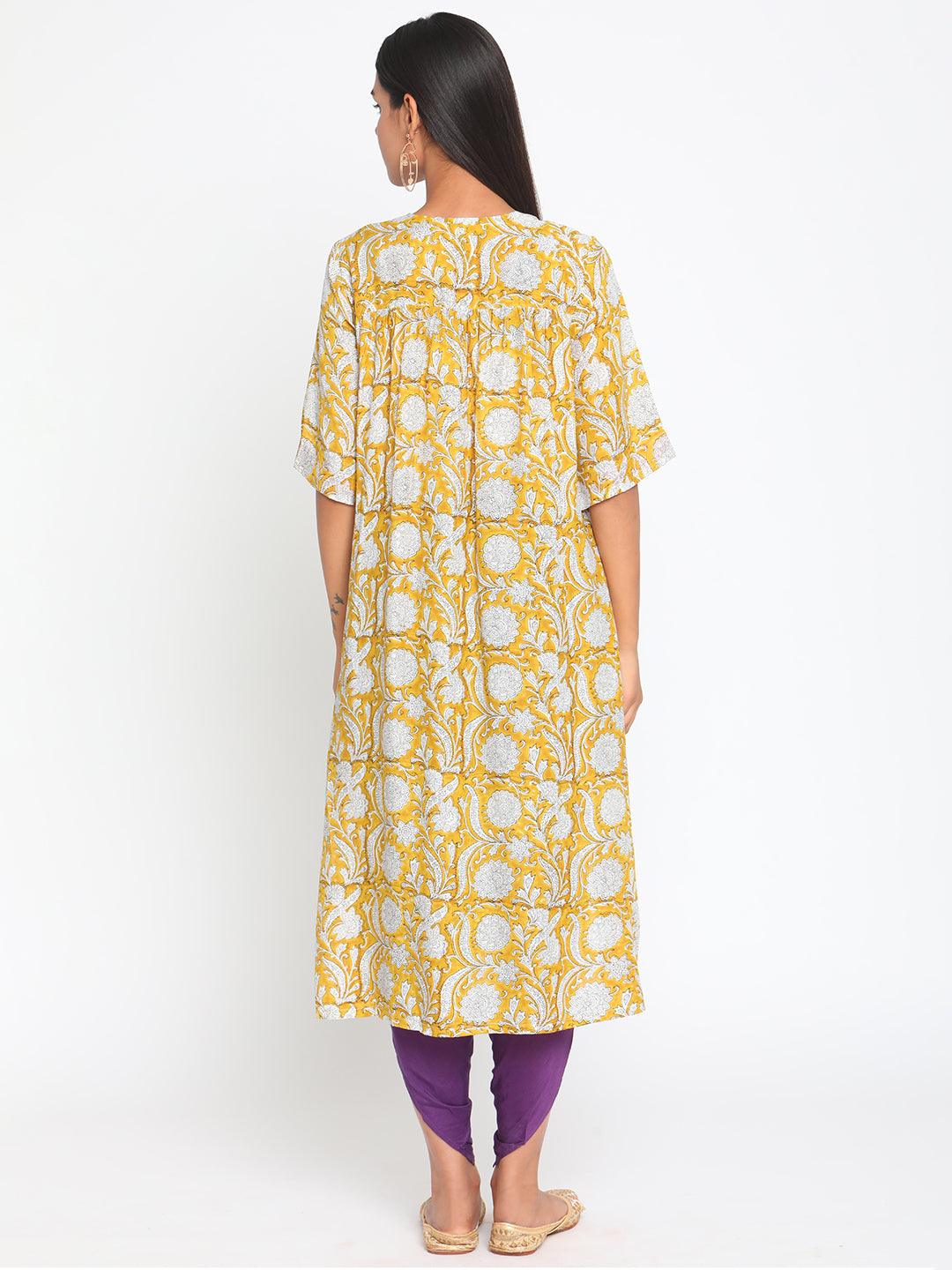 Yellow Hand Block Printed Flared Silk Kurta Dhoti Pant Set - trueBrowns