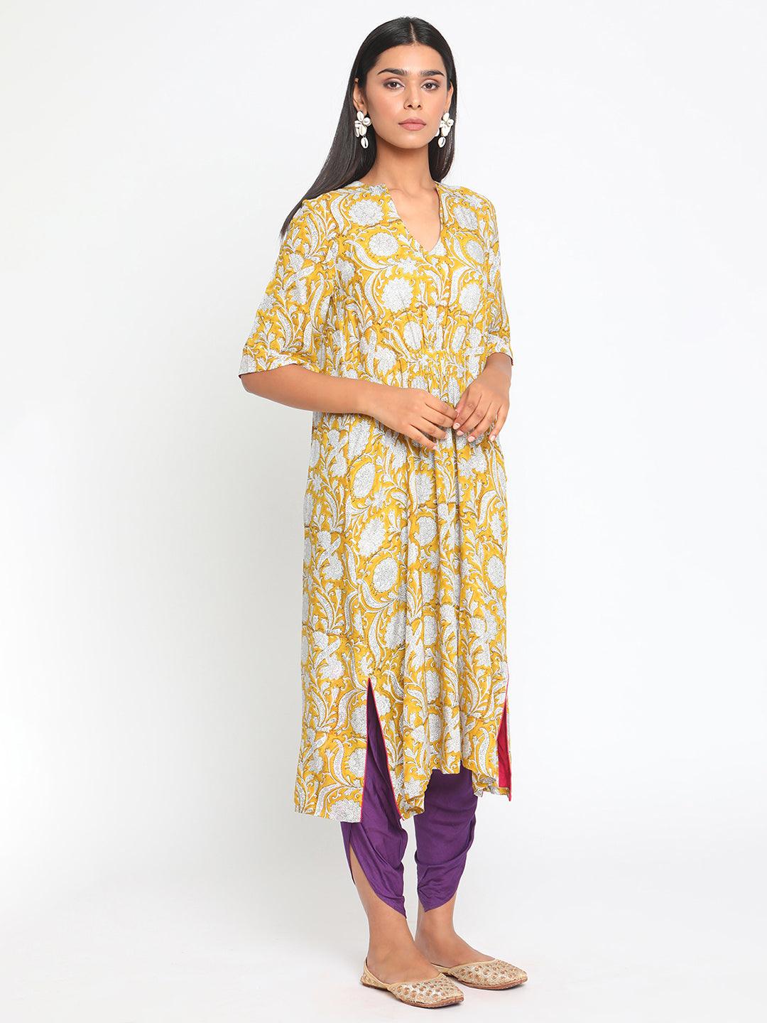 Yellow Hand Block Printed Flared Silk Kurta Dhoti Pant Set - trueBrowns
