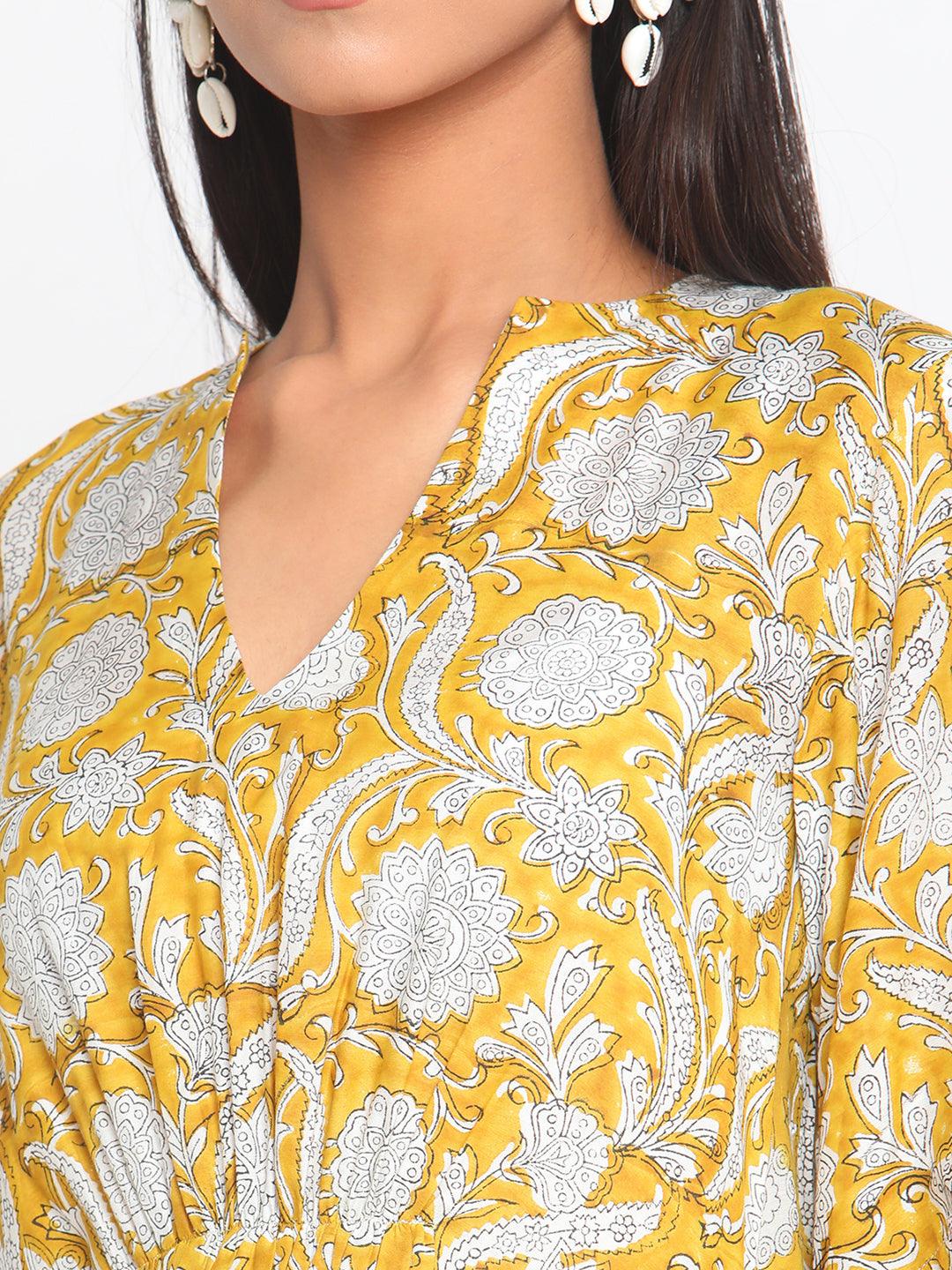 Yellow Hand Block Printed Flared Silk Kurta Dhoti Pant Set - trueBrowns