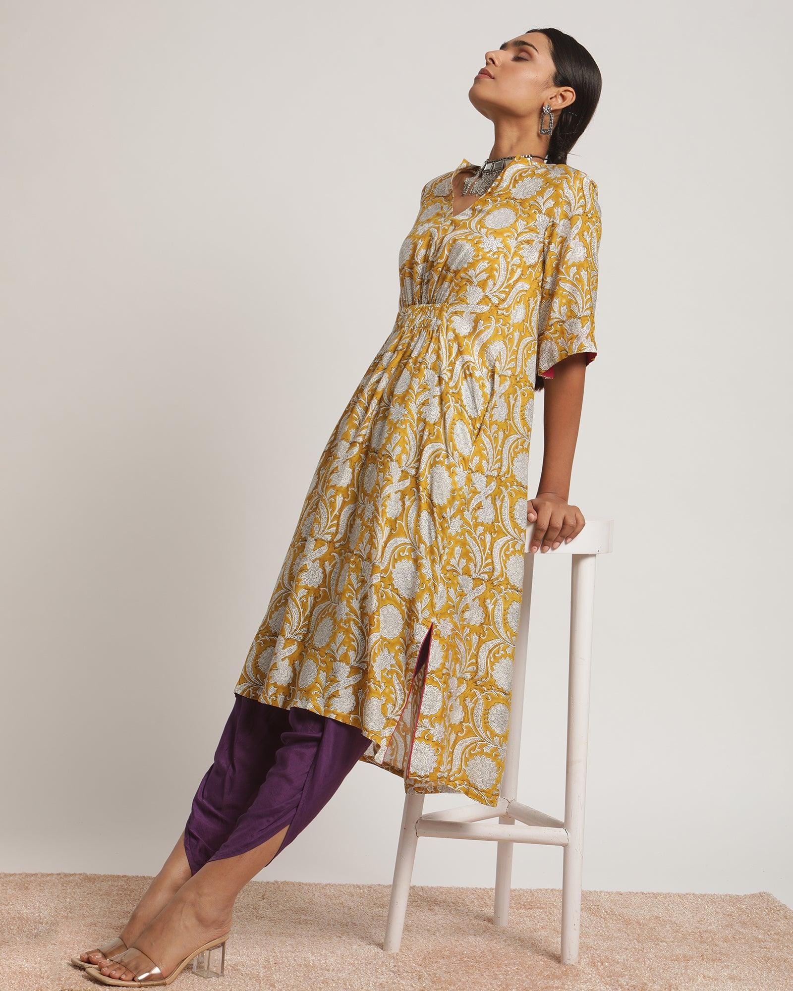 Yellow Hand Block Printed Flared Silk Kurta Dhoti Pant Set - trueBrowns