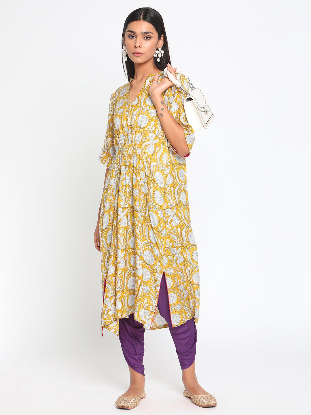Yellow Hand Block Printed Flared Silk Kurta Dhoti Pant Set - trueBrowns