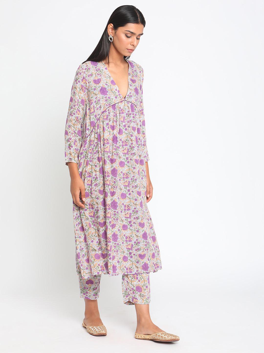 Purple Hand Block Printed Flared Silk Kurta Pant Set - trueBrowns