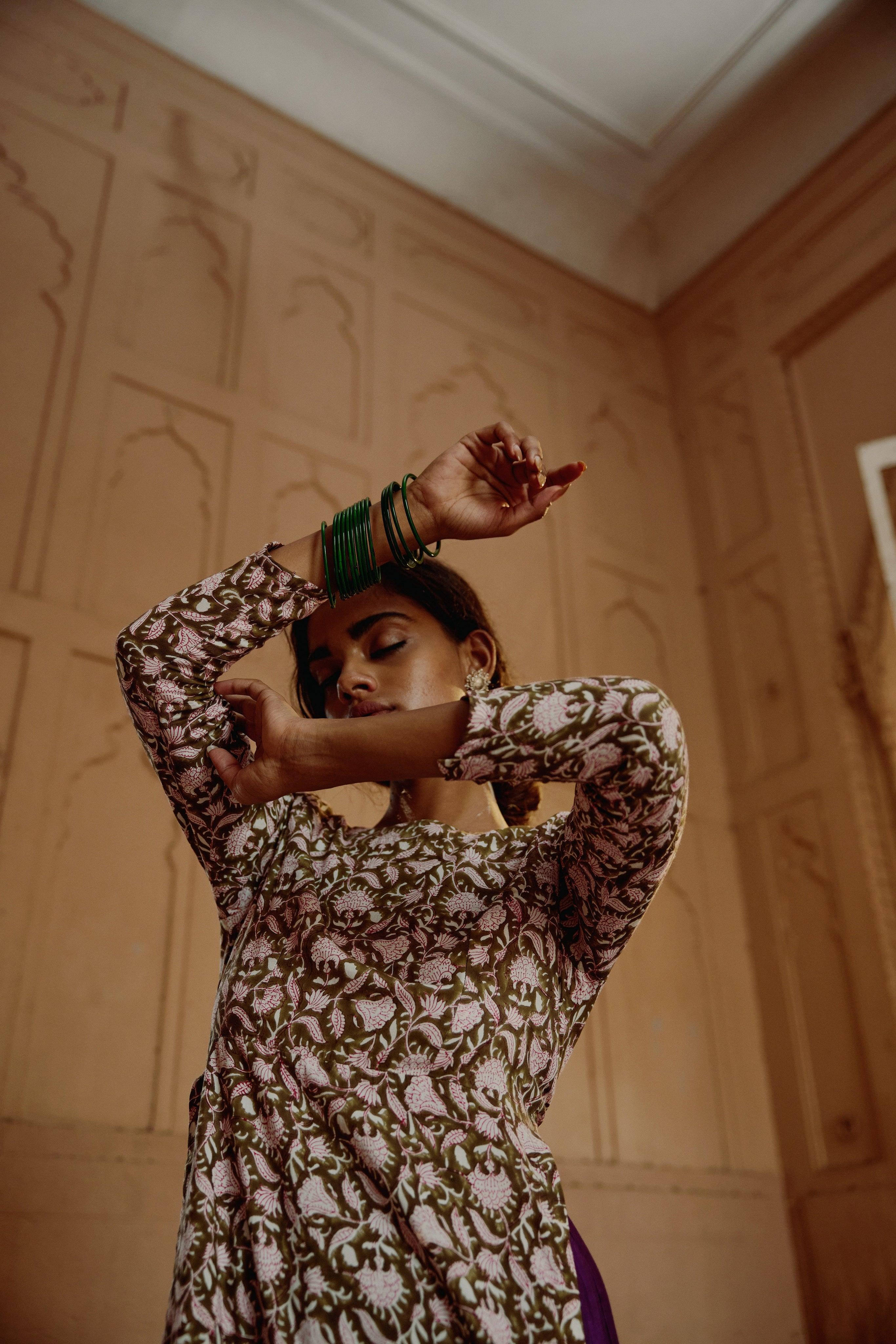 Olive Green Hand Block Printed Slit Silk Kurta Pant Set - trueBrowns