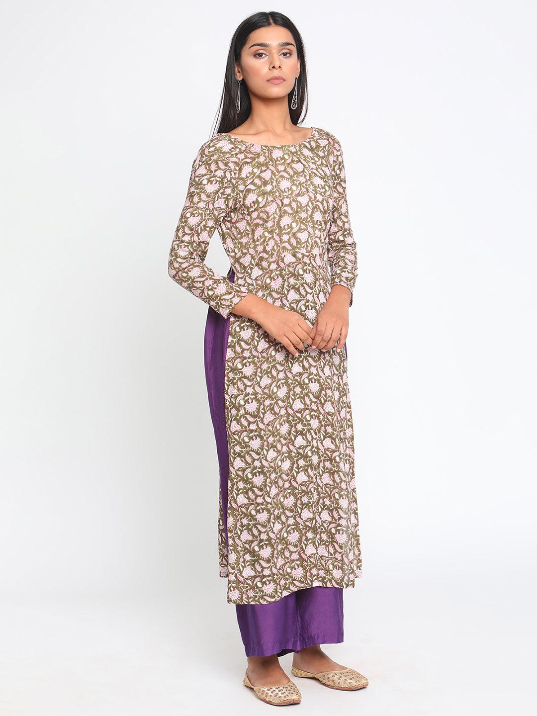 Olive Green Hand Block Printed Slit Silk Kurta Pant Set - trueBrowns