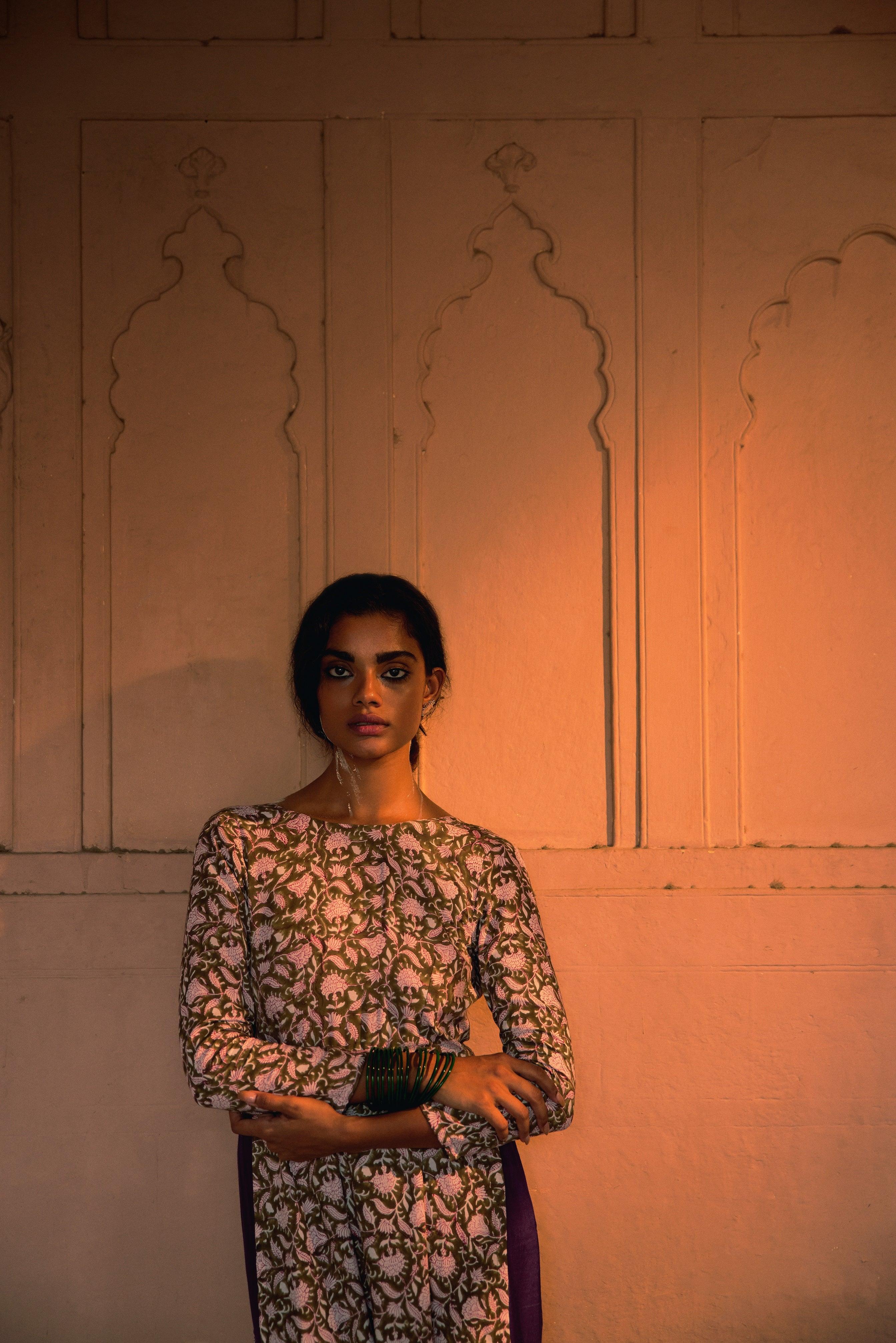 Olive Green Hand Block Printed Slit Silk Kurta Pant Set - trueBrowns