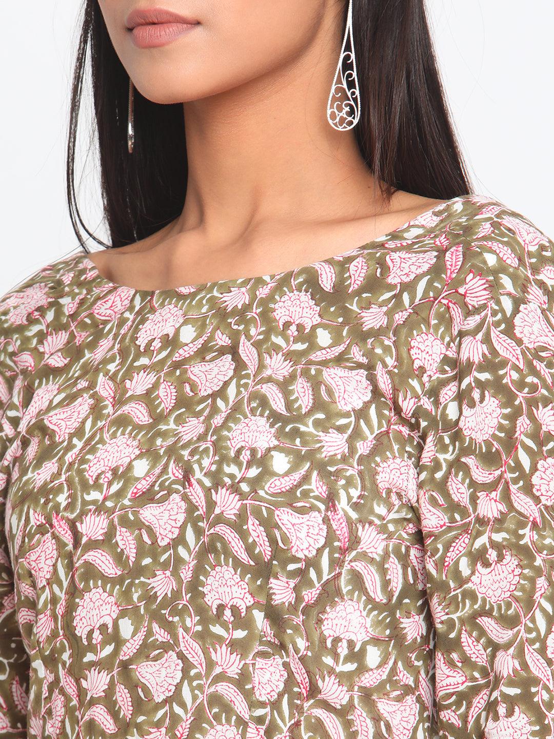 Olive Green Hand Block Printed Slit Silk Kurta Pant Set - trueBrowns