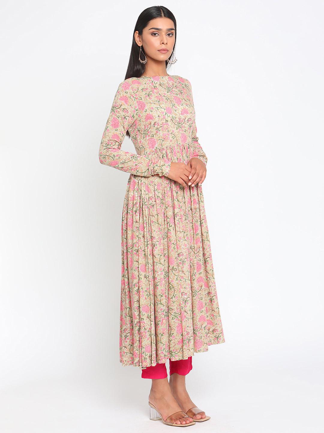 Green Hand Block Printed Flared Silk Kurta Pant Dupatta Set - trueBrowns