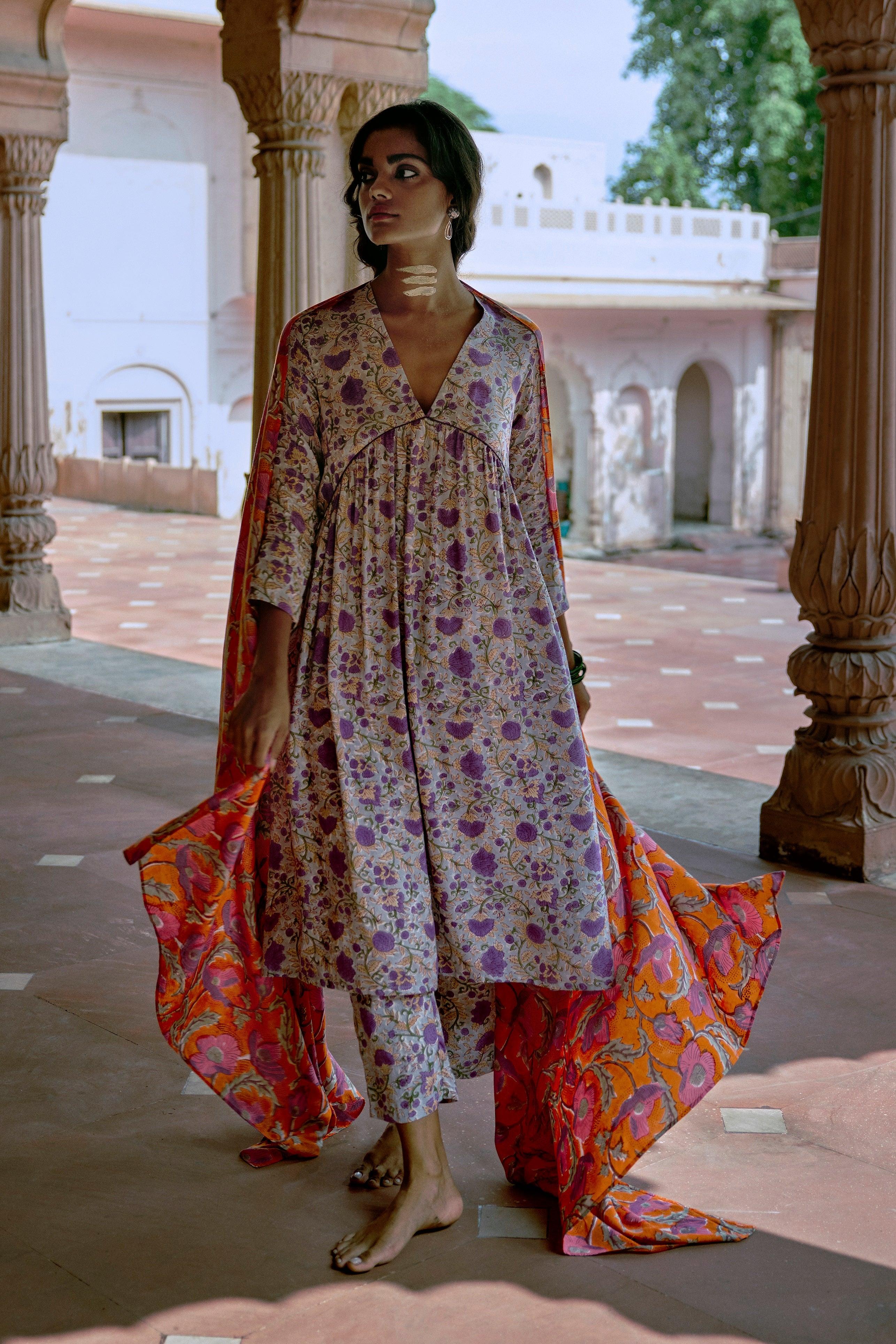 Purple Hand Block Printed Flared Silk Kurta Pant Dupatta Set - trueBrowns