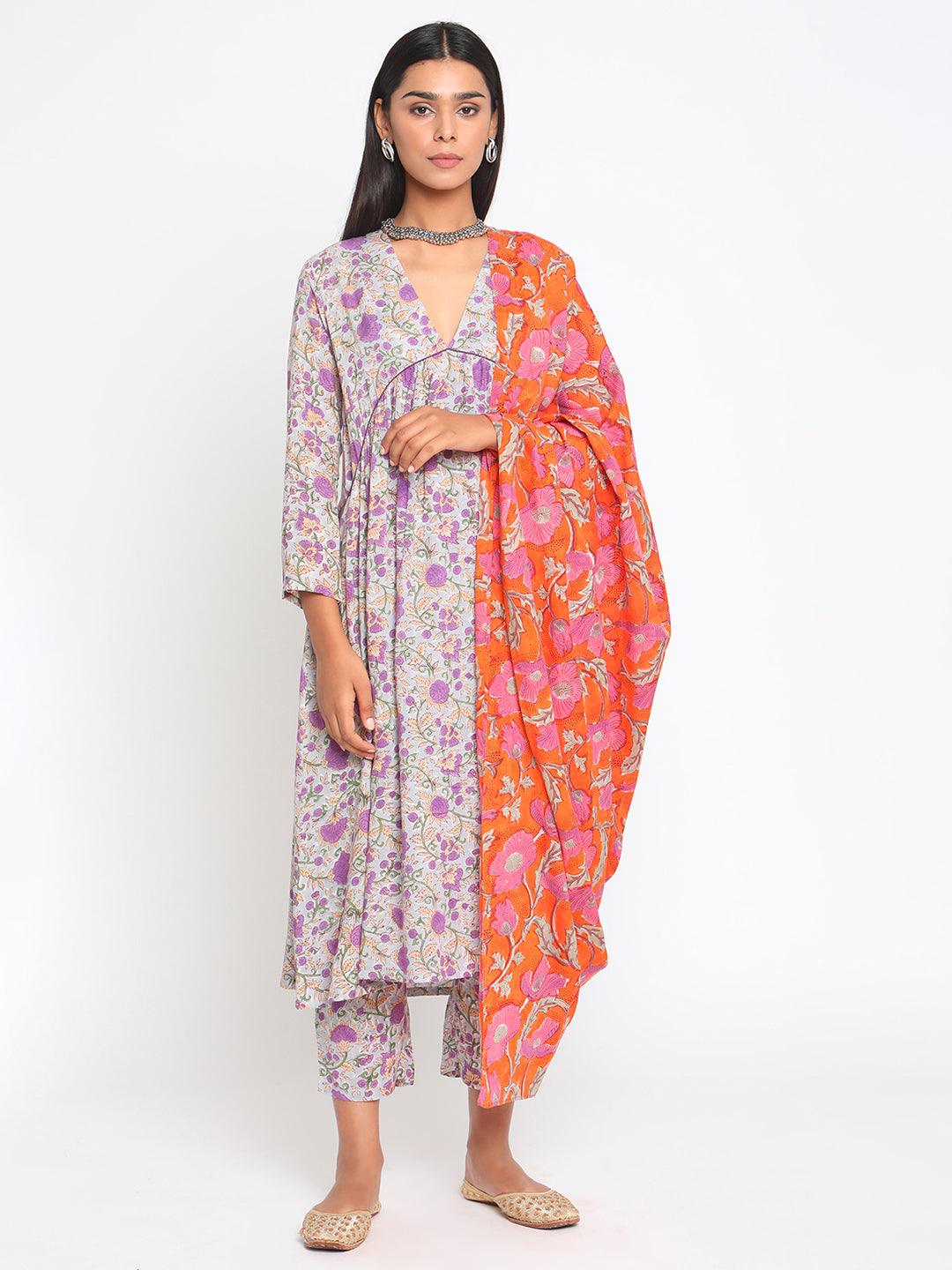 Purple Hand Block Printed Flared Silk Kurta Pant Dupatta Set - trueBrowns