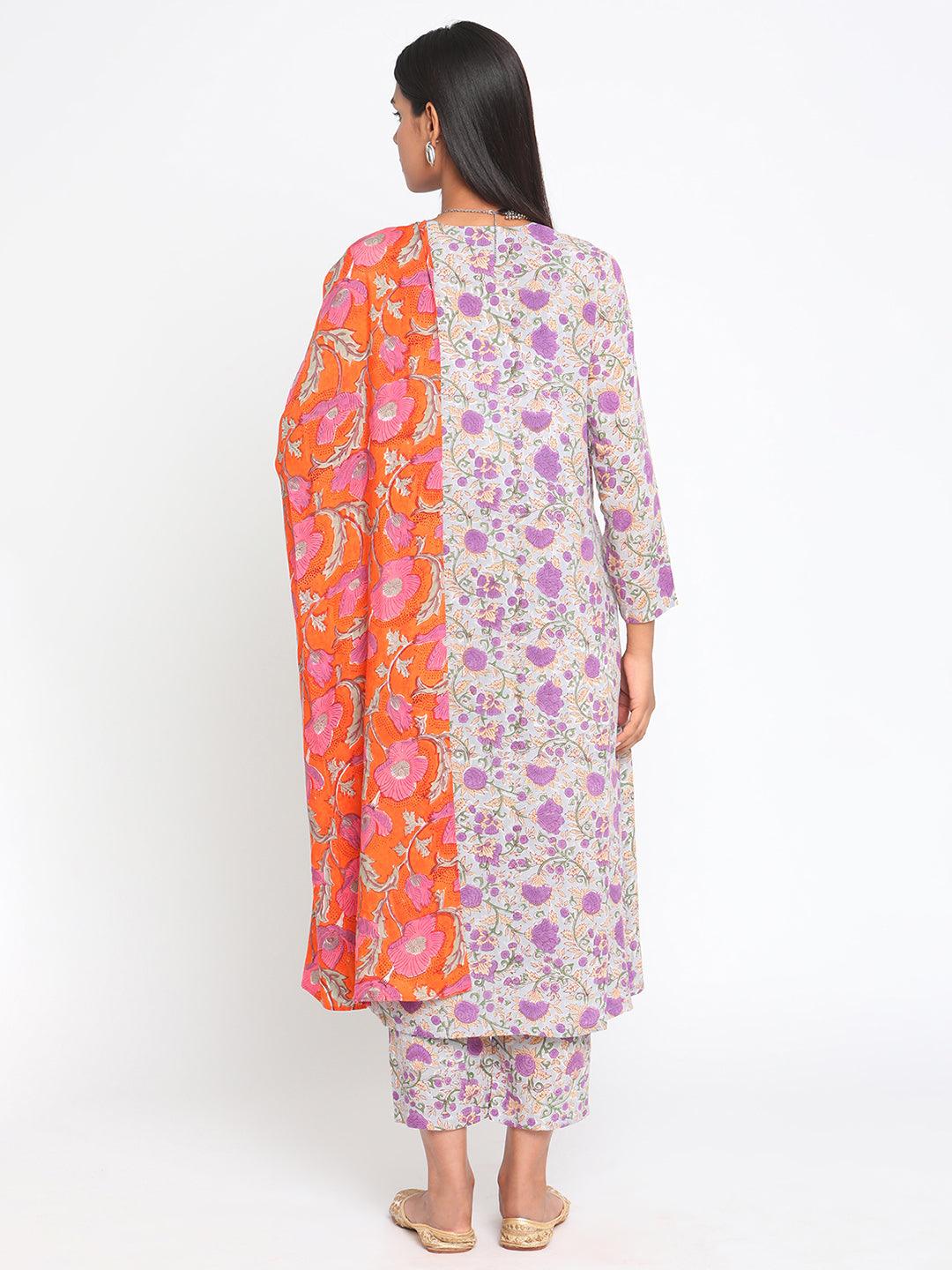 Purple Hand Block Printed Flared Silk Kurta Pant Dupatta Set - trueBrowns