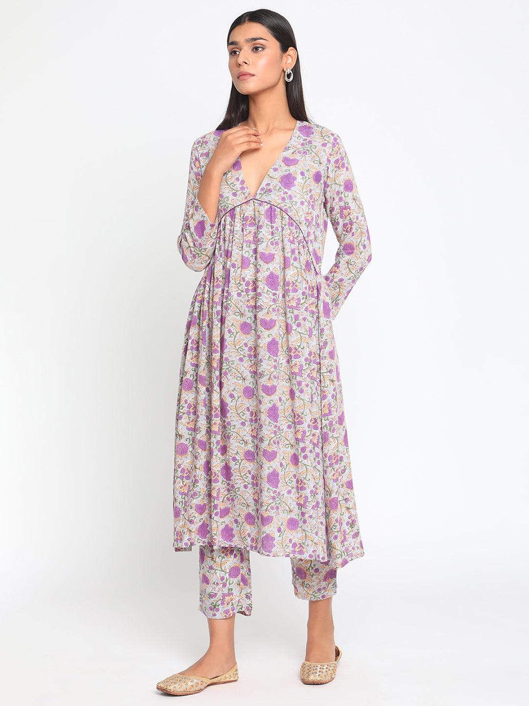 Purple Hand Block Printed Flared Silk Kurta Pant Dupatta Set - trueBrowns