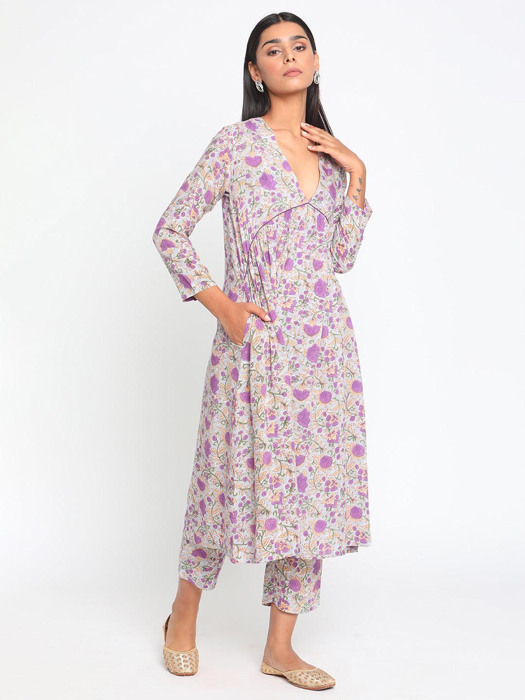 Purple Hand Block Printed Flared Silk Kurta Pant Dupatta Set - trueBrowns