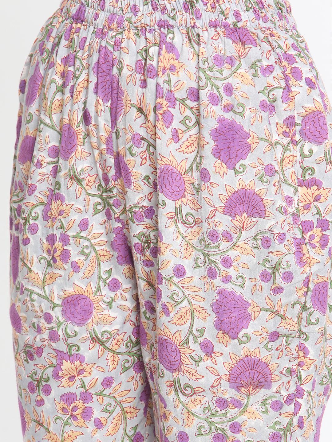 Purple Hand Block Printed Flared Silk Kurta Pant Dupatta Set - trueBrowns