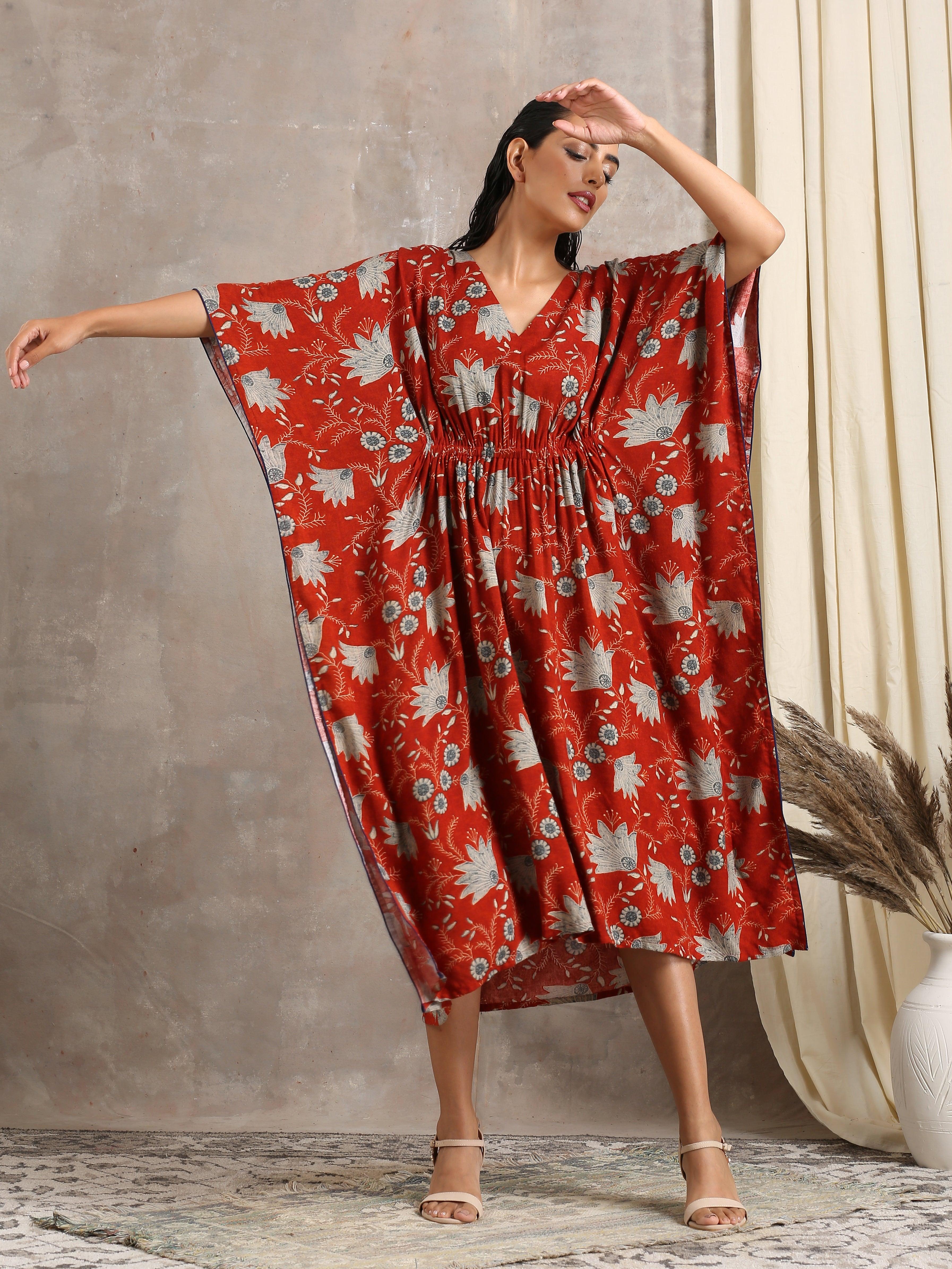 Cotton Rust Brown Floral Printed Kaftan - trueBrowns
