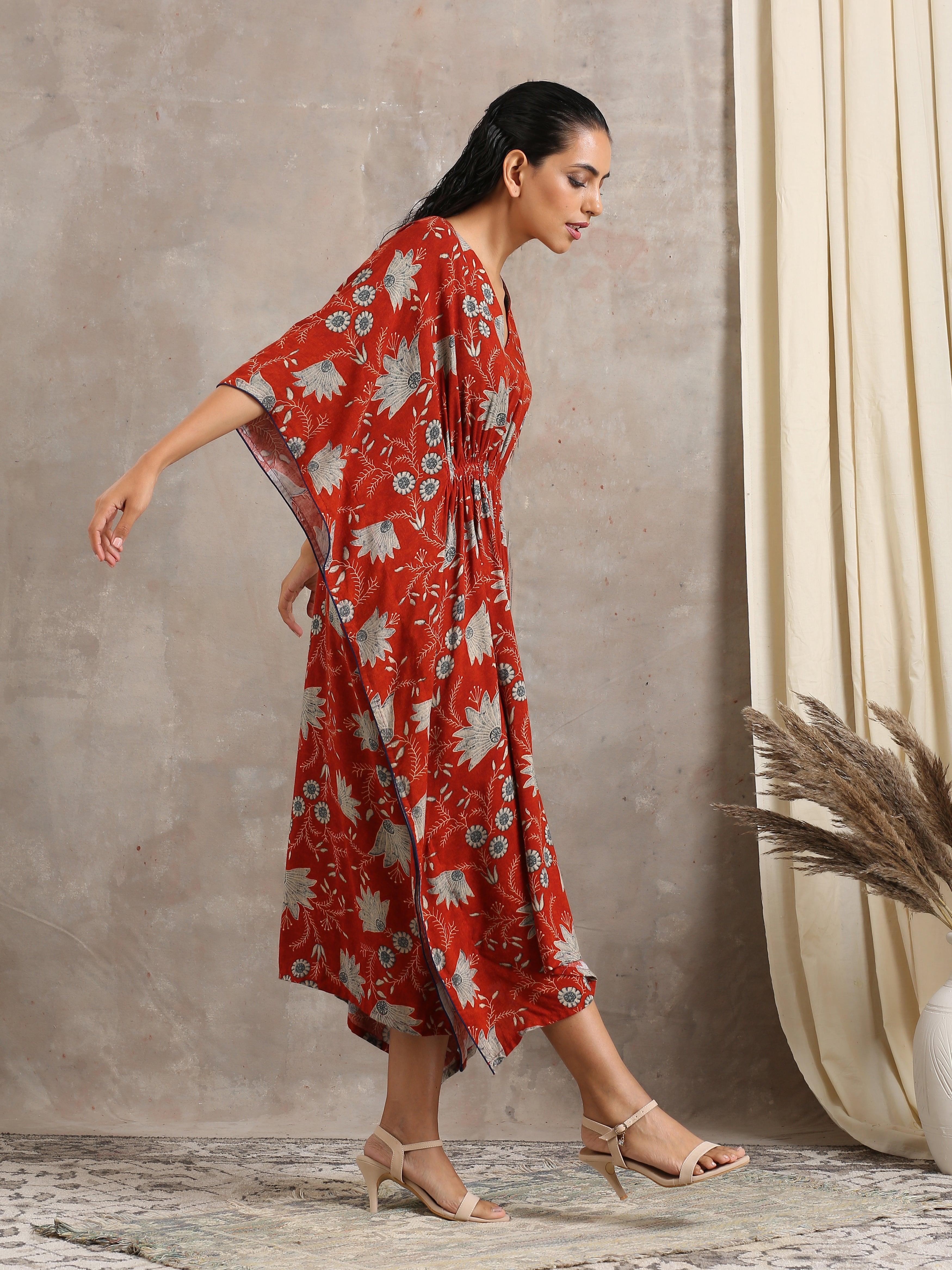 Cotton Rust Brown Floral Printed Kaftan - trueBrowns