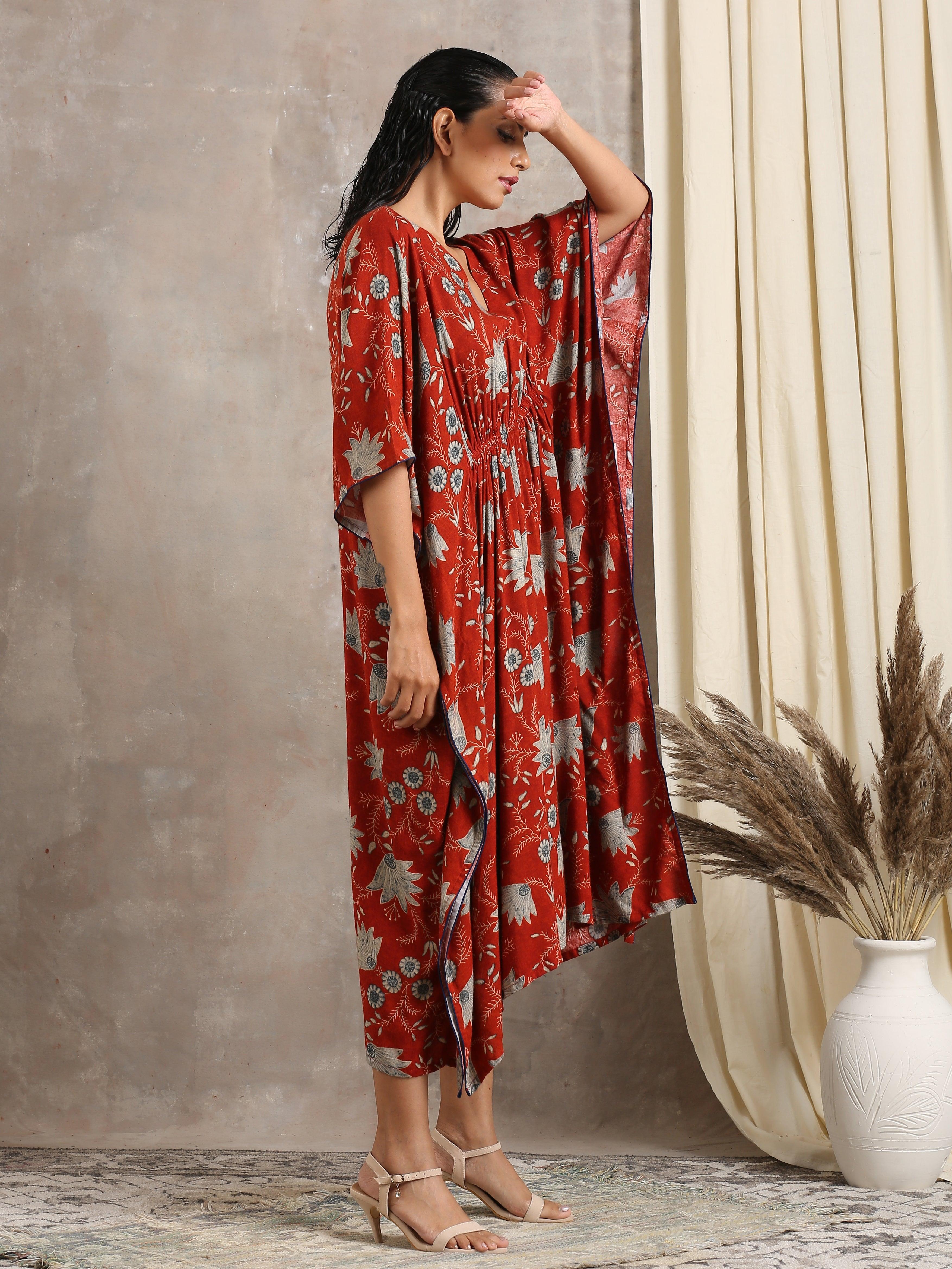 Cotton Rust Brown Floral Printed Kaftan - trueBrowns