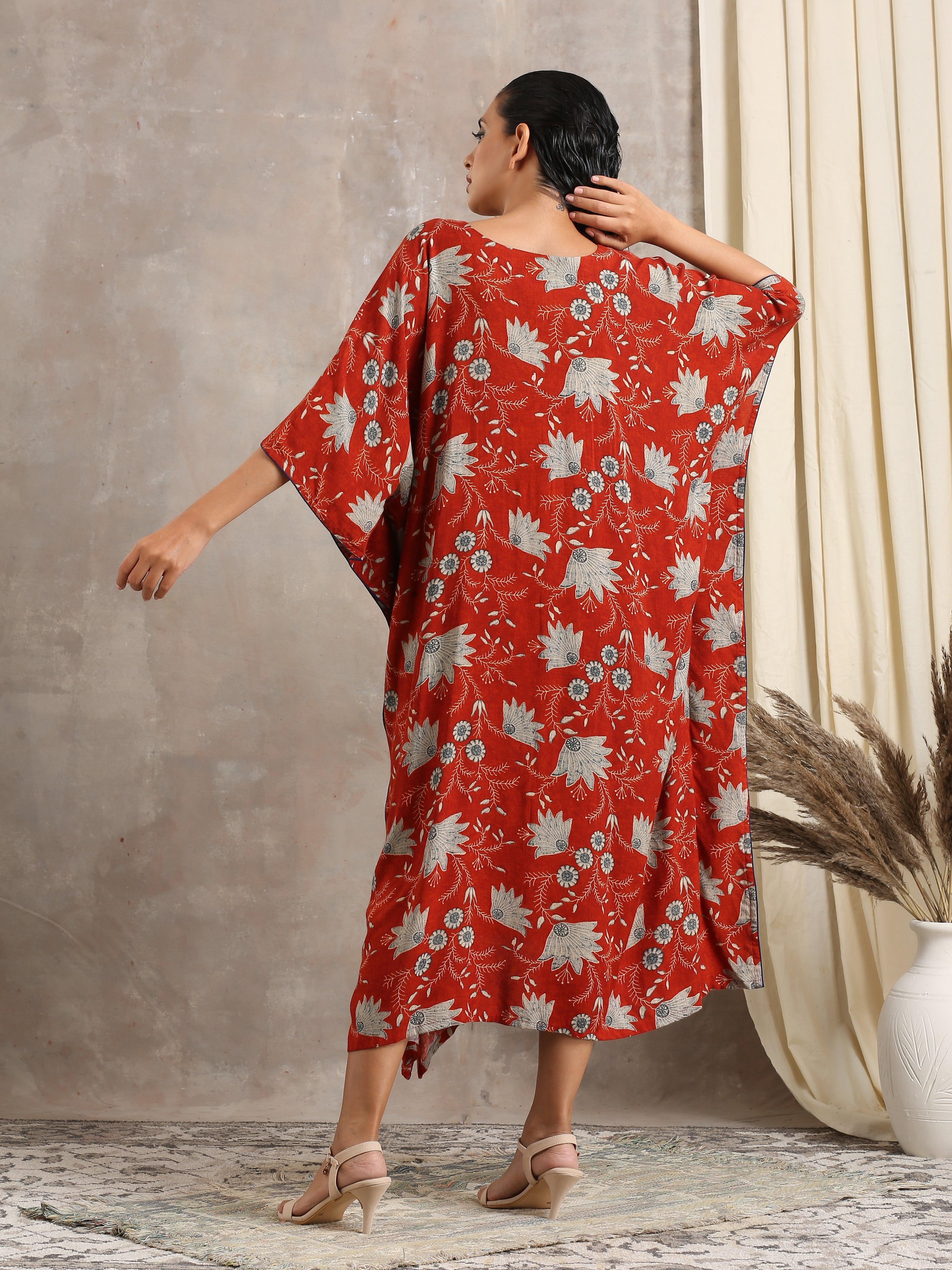 Cotton Rust Brown Floral Printed Kaftan - trueBrowns