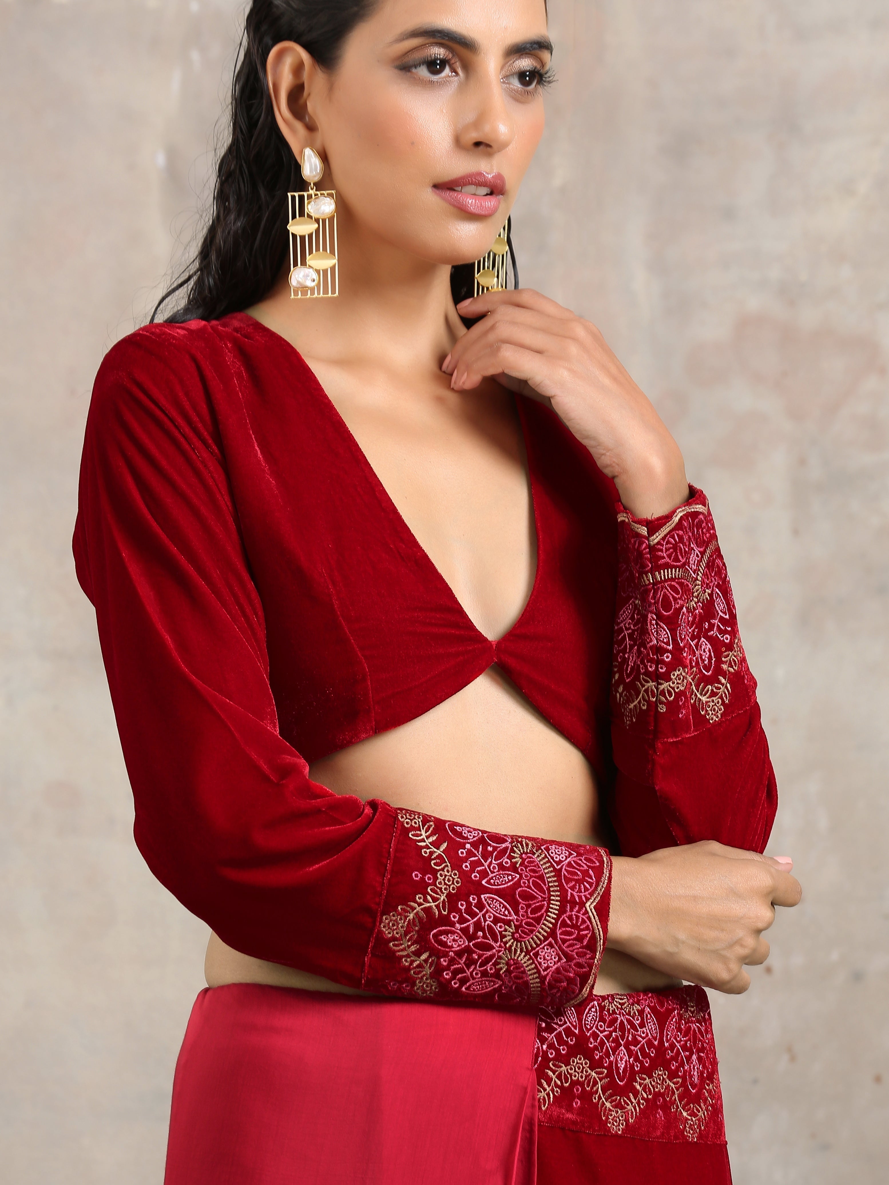 Red Velvet Embroidered Blouse