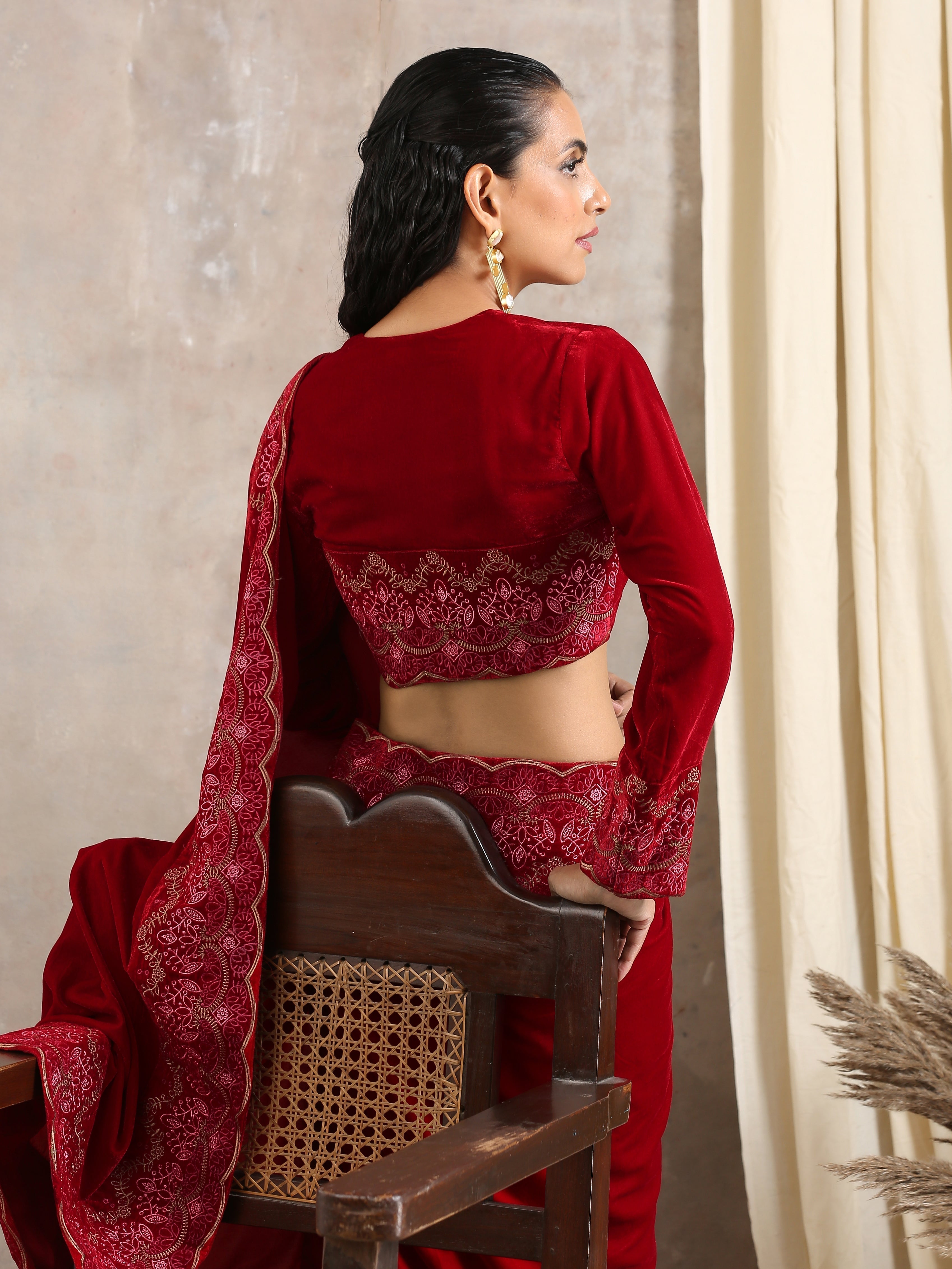 Red Velvet Embroidered Blouse
