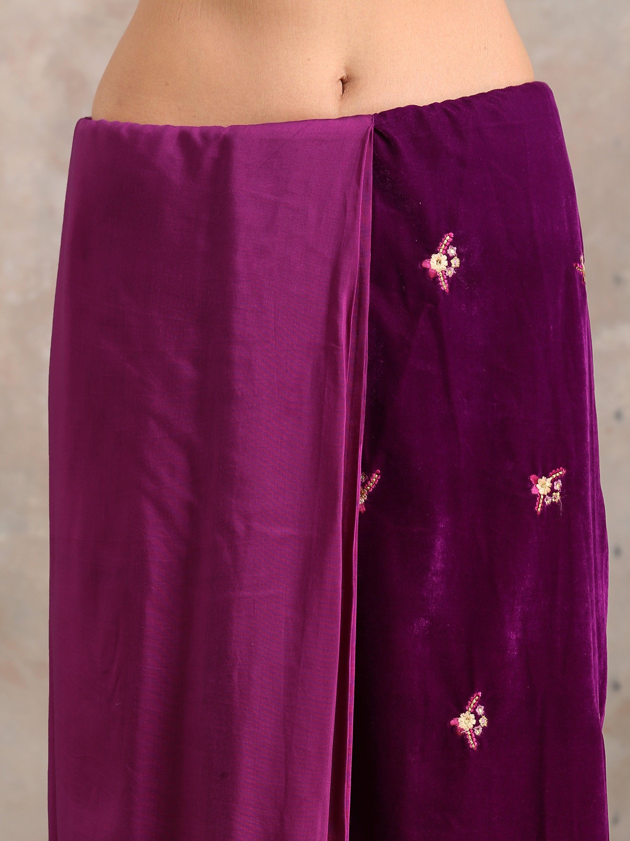 Wine Velvet Silk Embroidered Ready To Wear Saree