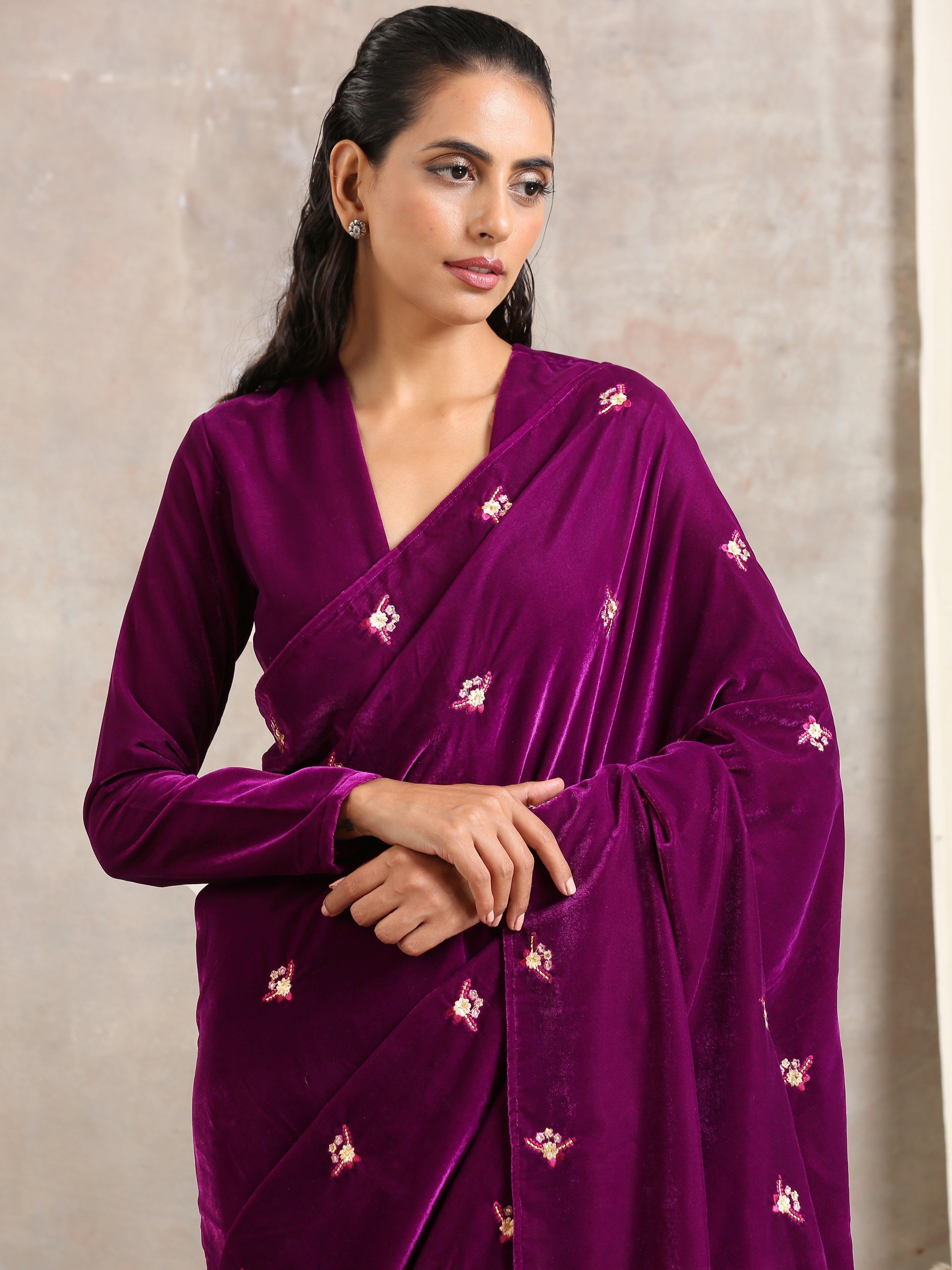 Wine Velvet Silk Embroidered Ready To Wear Saree