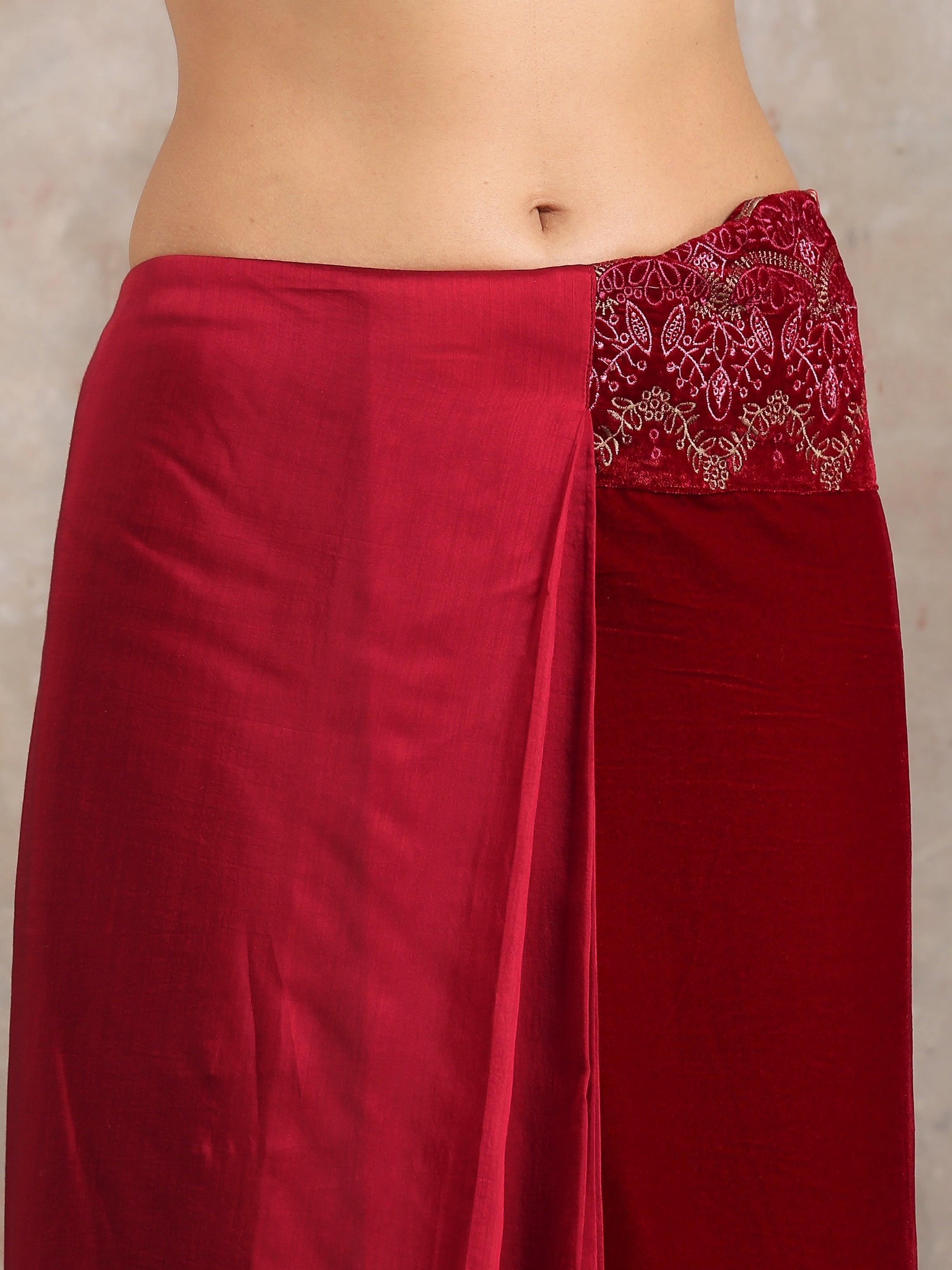 Red Velvet Silk Embroidered Ready To Wear Saree