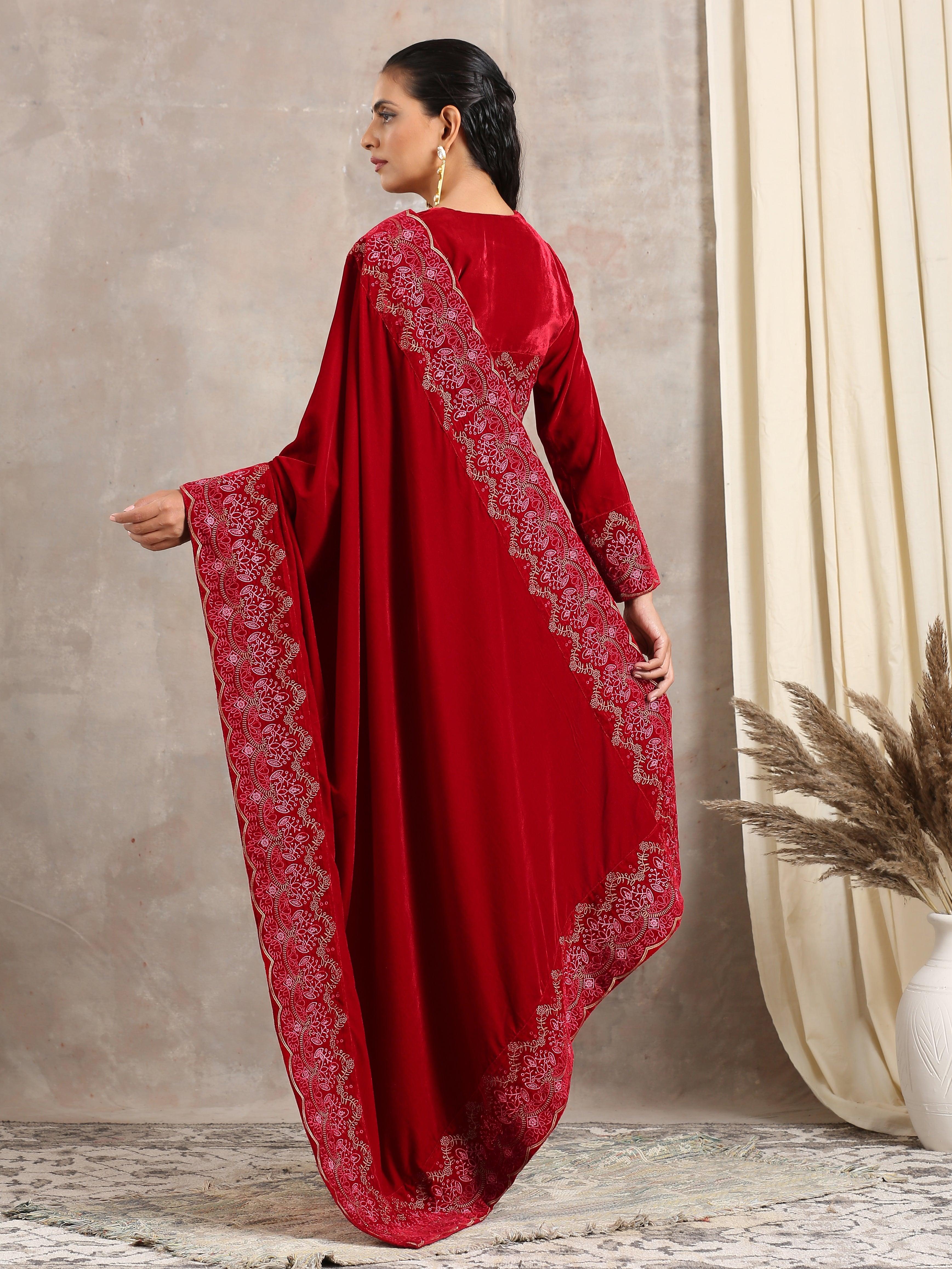 Red Velvet Silk Embroidered Ready To Wear Saree