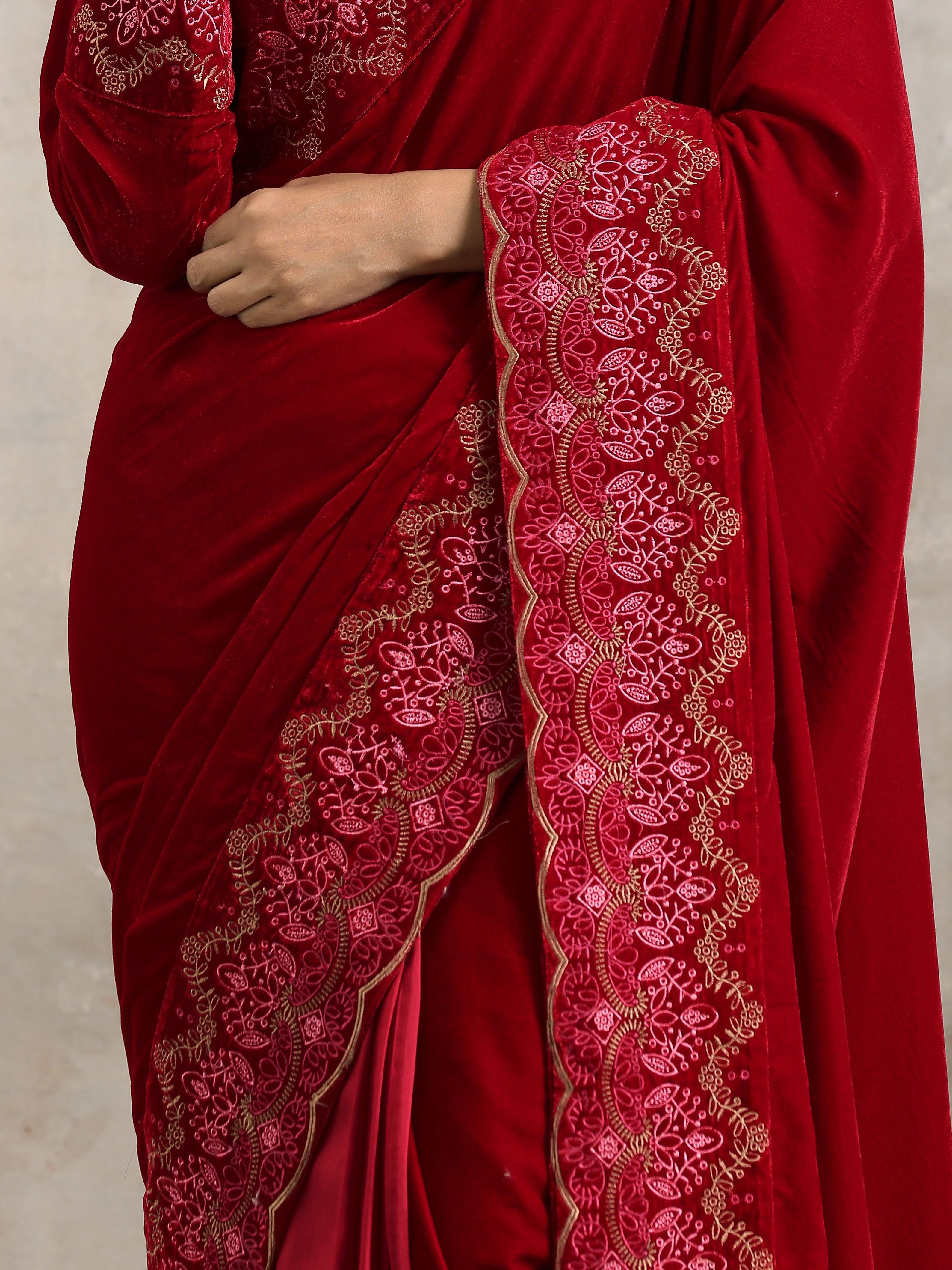 Red Velvet Silk Embroidered Ready To Wear Saree