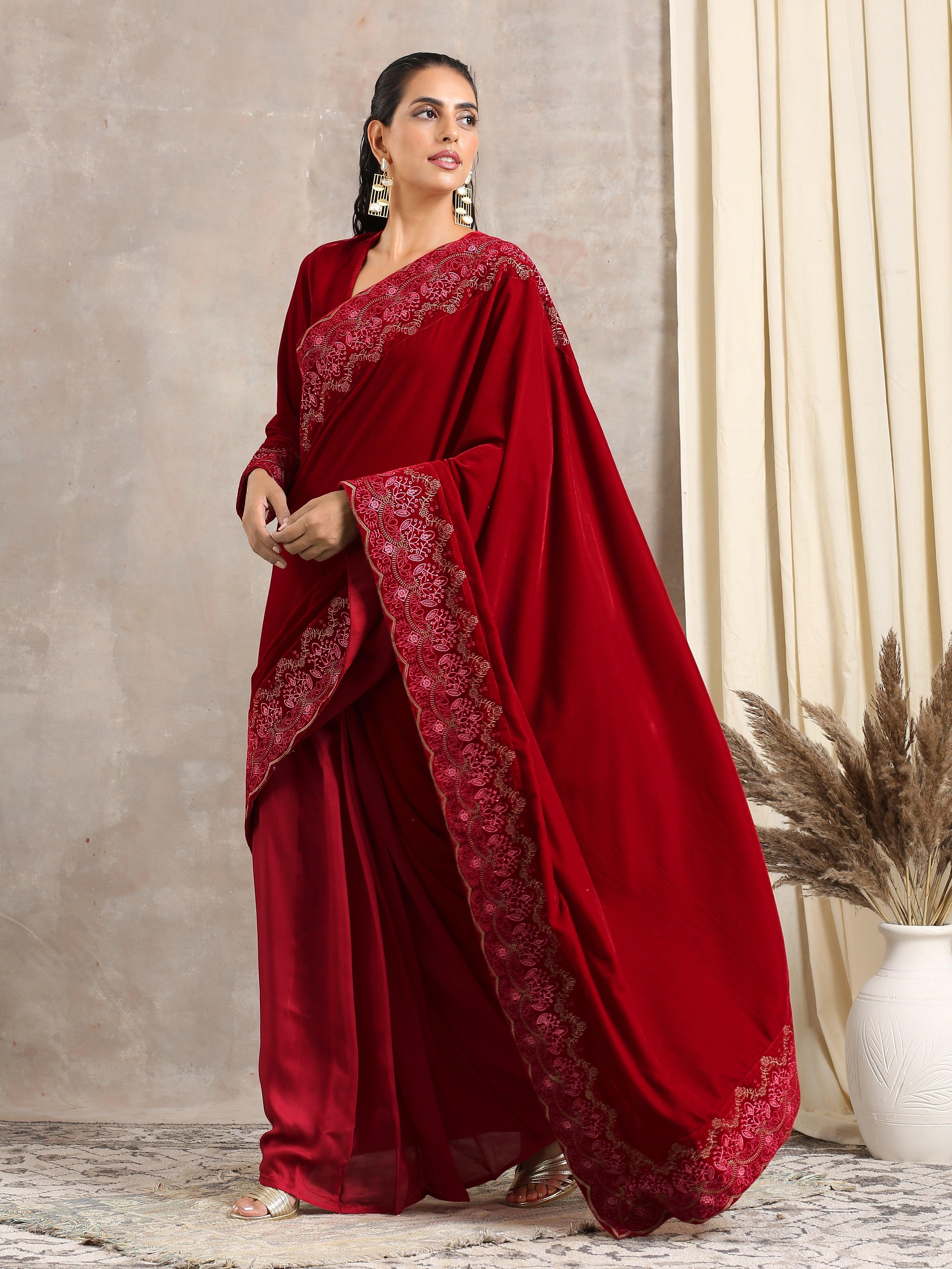 Red Velvet Silk Embroidered Ready To Wear Saree