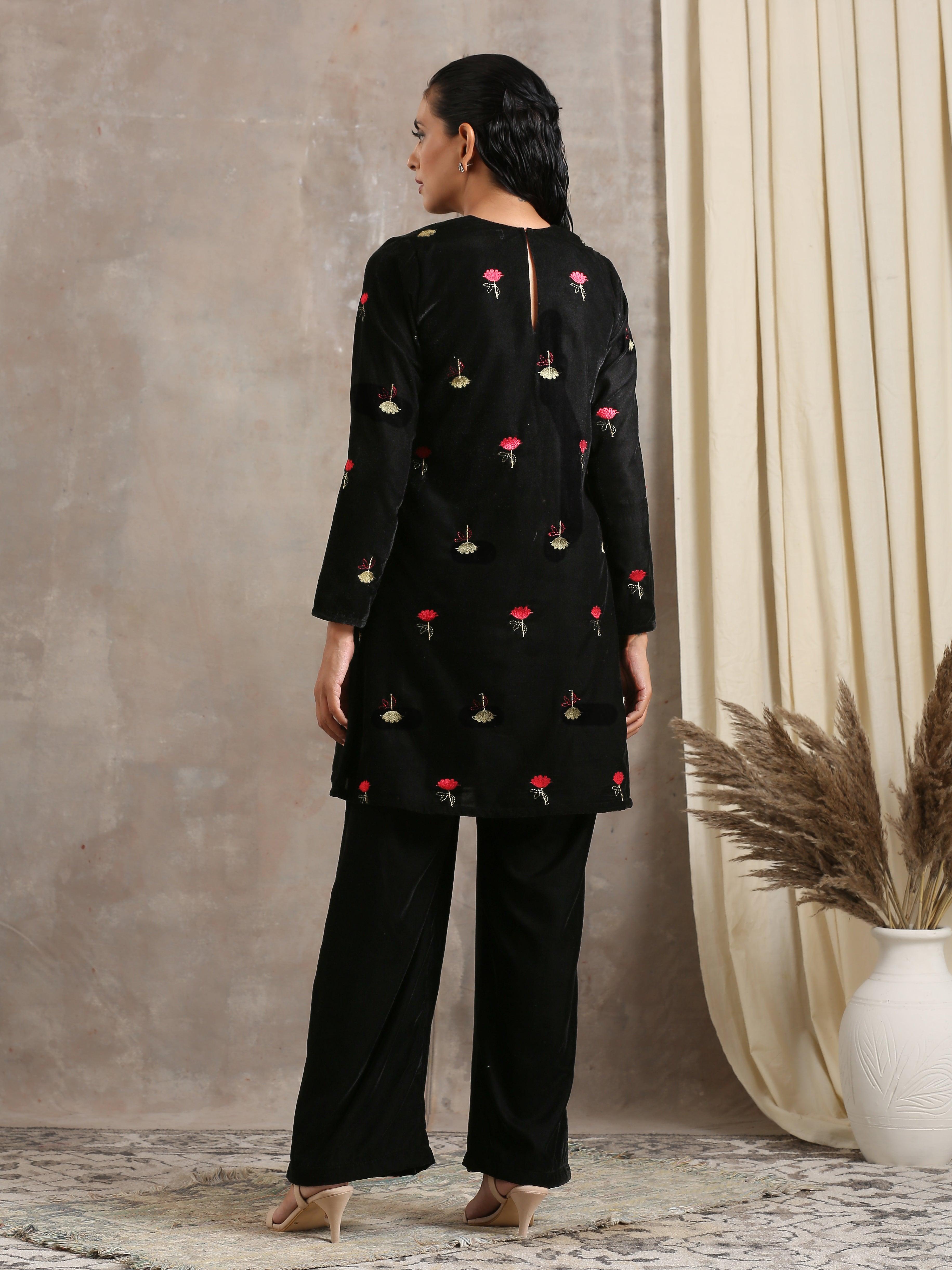 Black Velvet Embroidered Short Kurta - trueBrowns