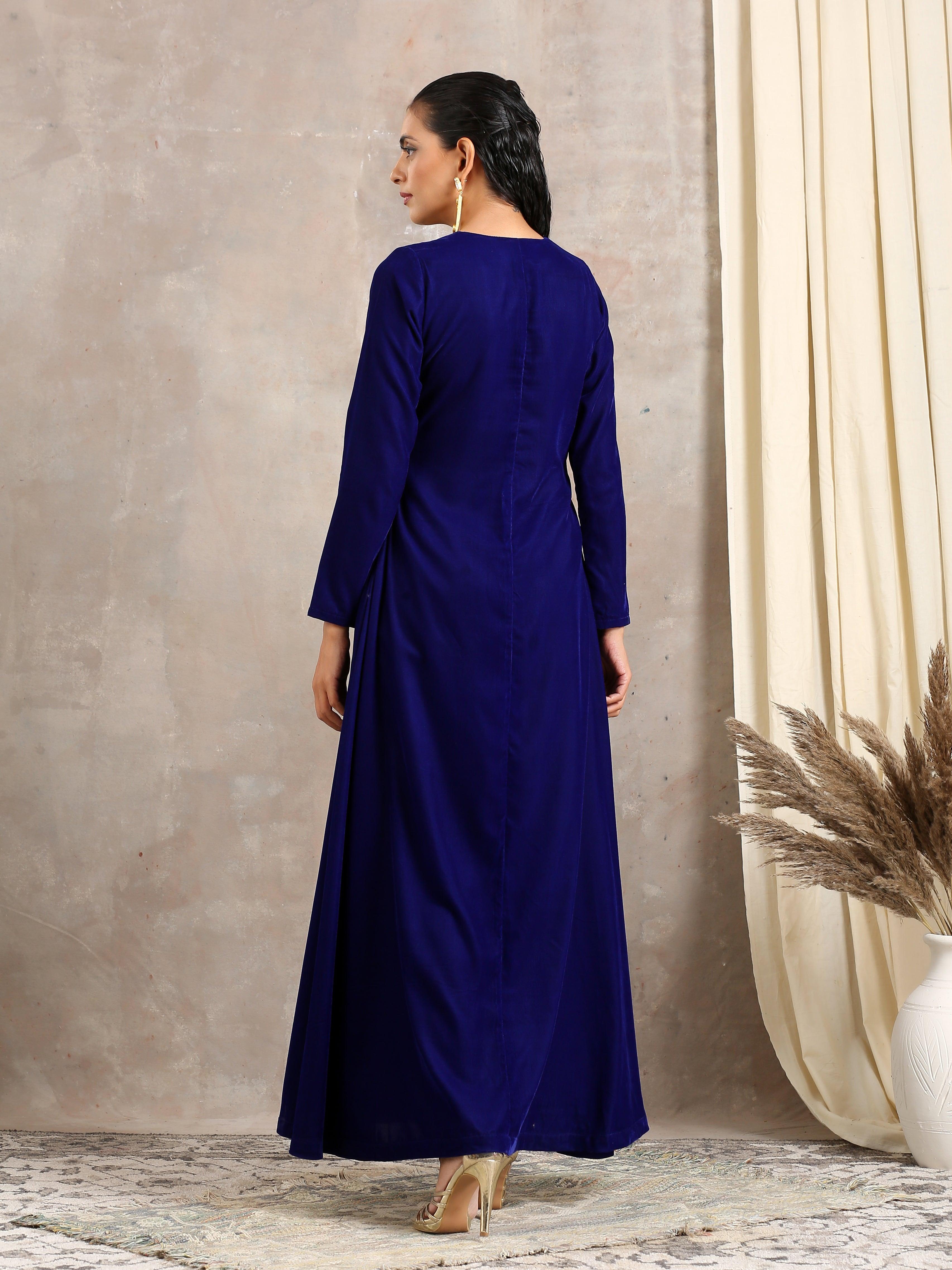 Blue Velvet Front Slit Kurta - trueBrowns