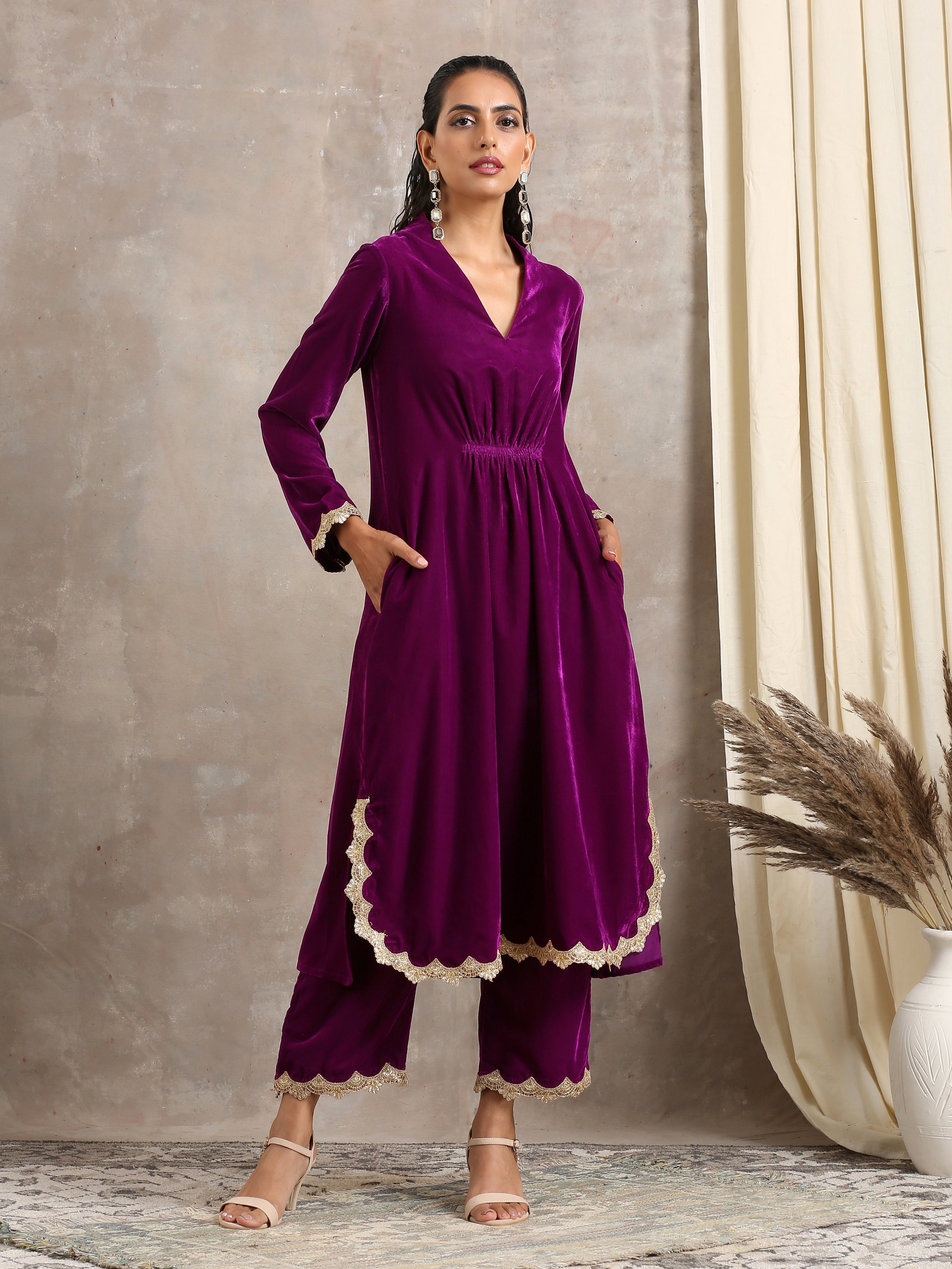 Wine Velvet Lace Kurta Pant Set | Relove
