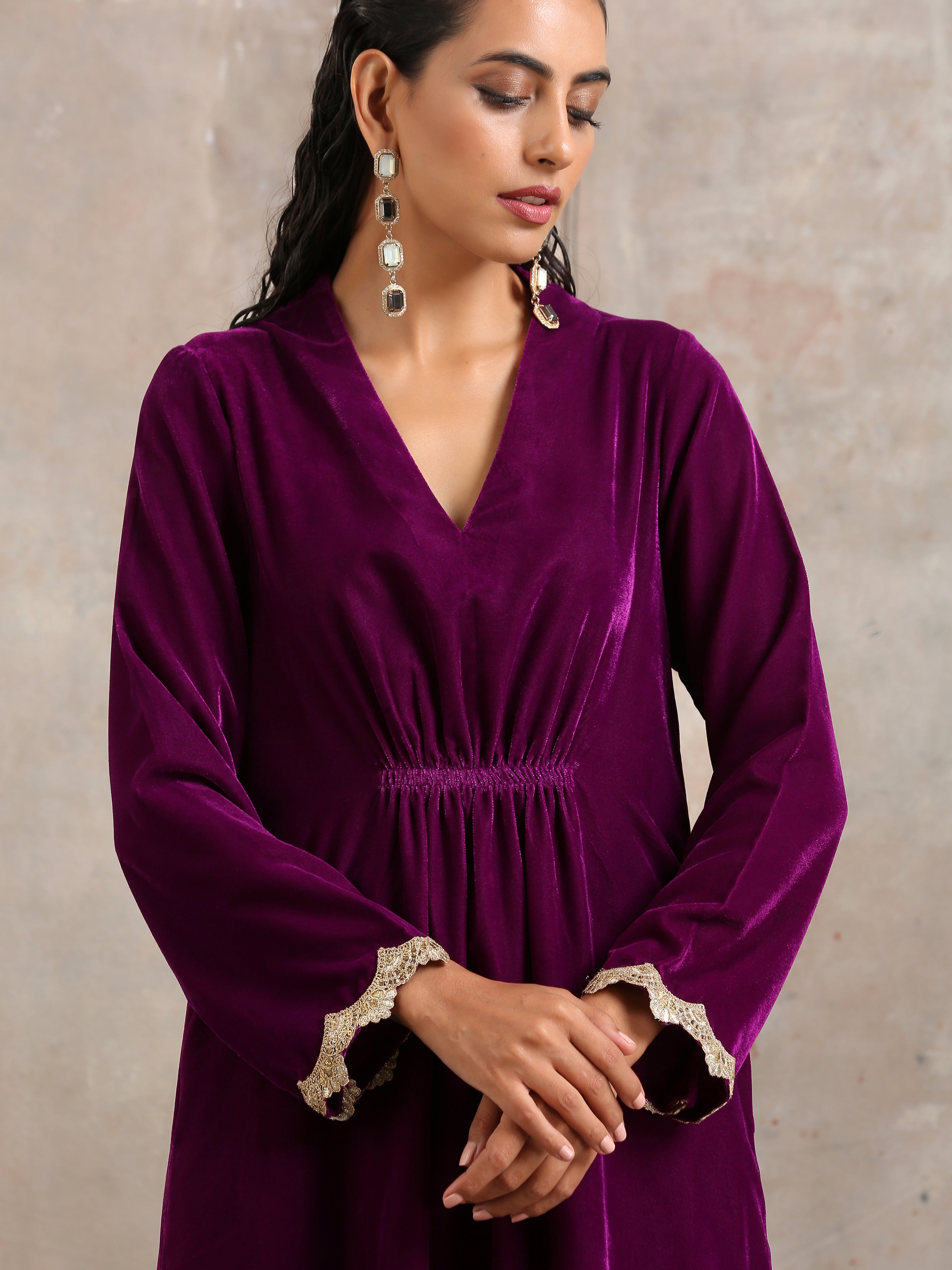 Wine Velvet Lace Kurta Pant Set | Relove