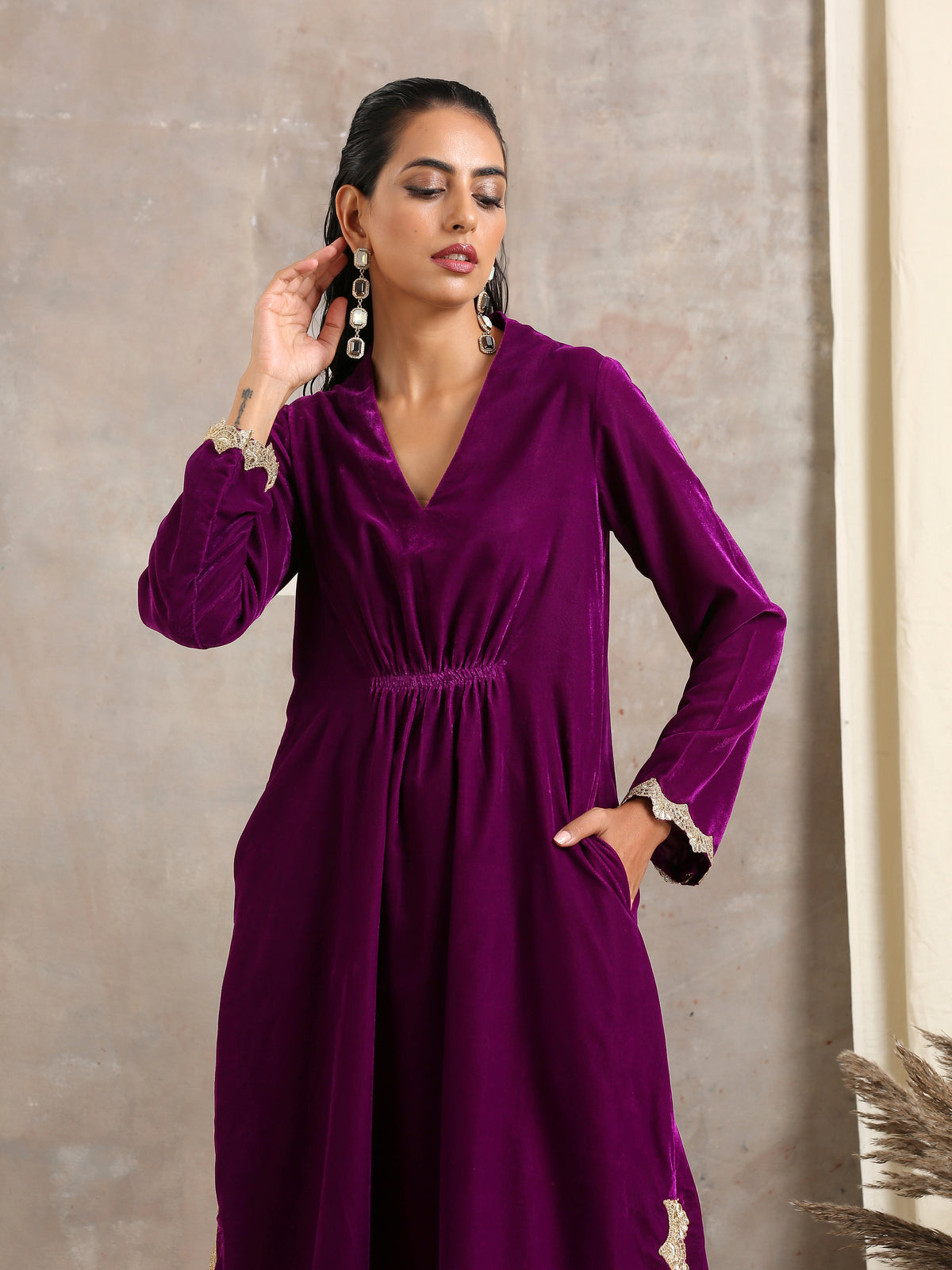 Wine Velvet Lace Kurta Pant Set | Relove